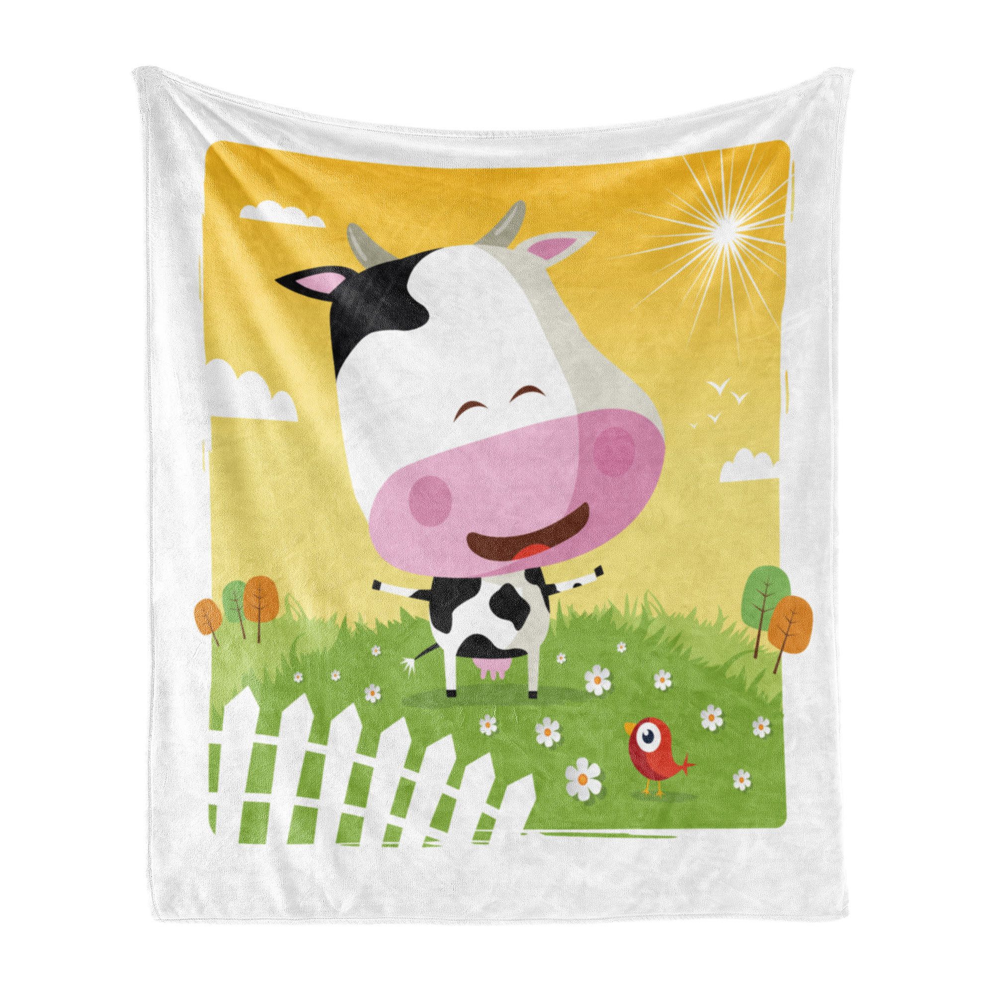 Wohndecke Gemütlicher Plüsch für den Innen- und Außenbereich, Abakuhaus, Das Vieh Glückliche Cartoon-Kuh-Ranch