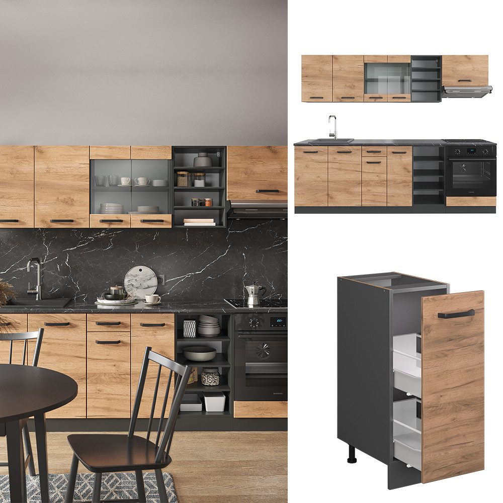 Vicco Küchenzeile R-Line, Goldkraft Eiche/Anthrazit, 240 cm, AP Eiche