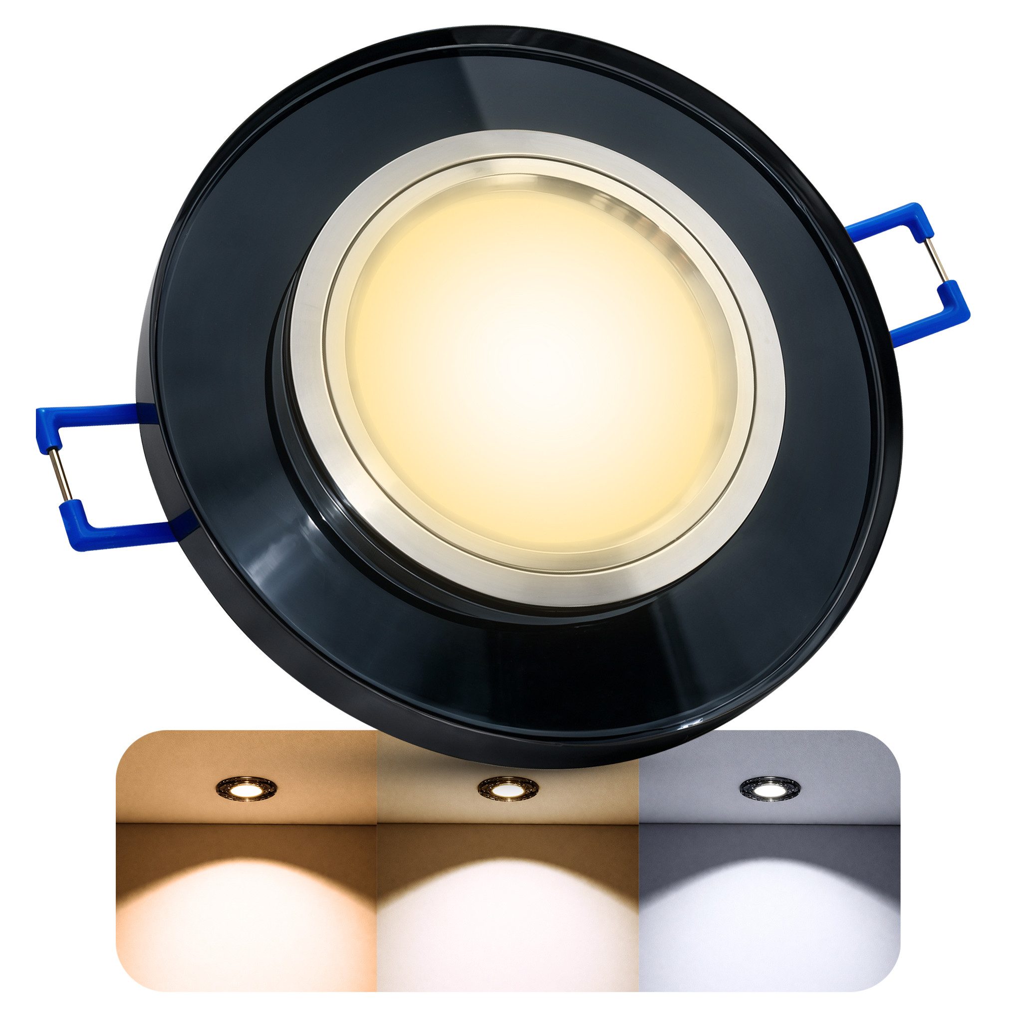 SSC-LUXon LED Einbaustrahler ALINA Einbauleuchte Glas schwarz 5W GU10 drei Lichtfarben Deckenspot, Warmweiß