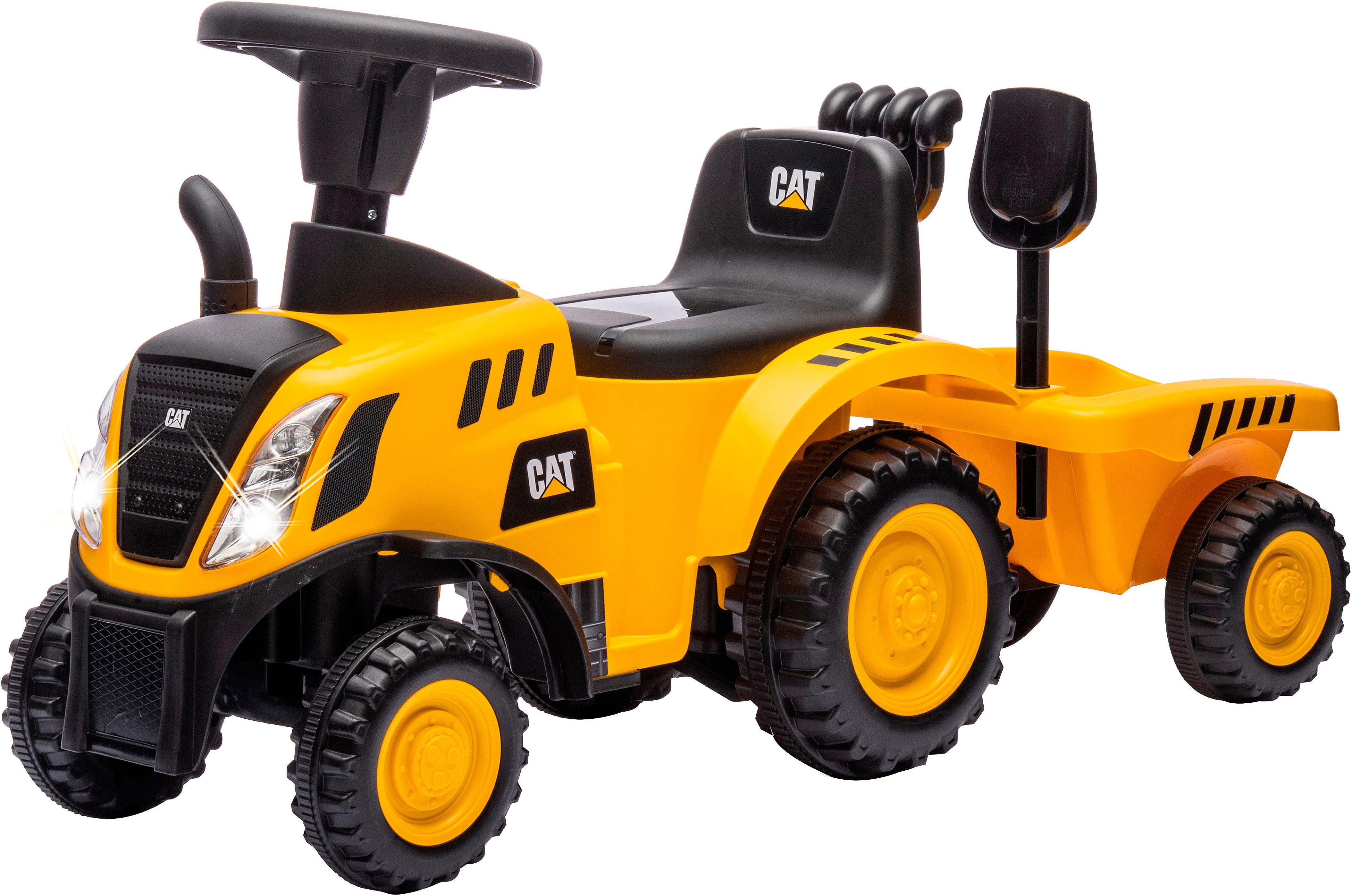 Jamara Rutscher Caterpillar Traktor mit Anhänger 2in1, gelb, mit Licht- und Soundeffekten sowie Hupe