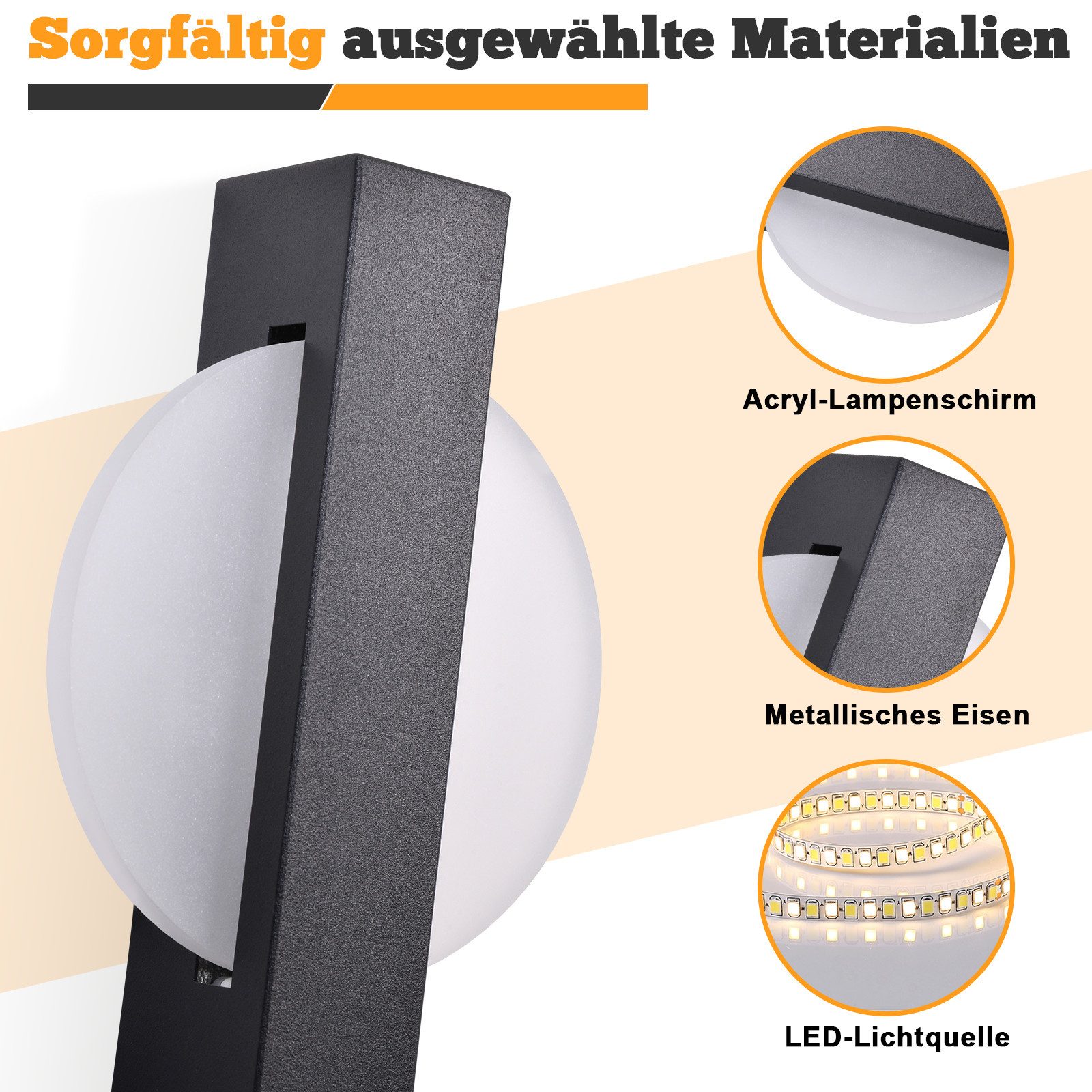 ZMH LED Wandleuchte Innen Wandlampe mit Schalter 3000K Warmweiß, LED fest integriert, warmweiß – Bild 4 von 5