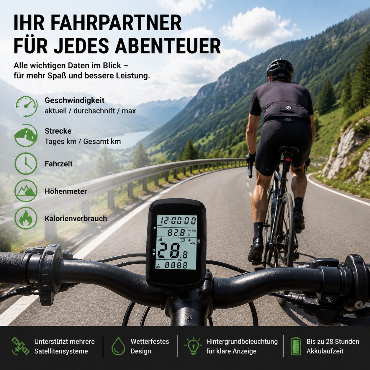 Toomoke Fahrradcomputer Fahrradcomputer 2,4 Zoll, kabelloser Fahrradtacho (Geschwindigkeits, Distanzanzeige, Hintergrundbeleuchtung), mit 1200mAh und LCD,USB-C Ladeanschluss