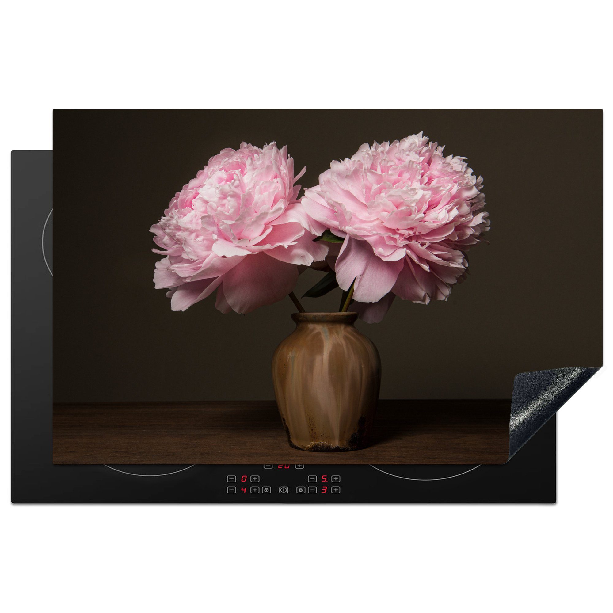 MuchoWow Herdblende-/Abdeckplatte Vase - Blumen - Rosa, Vinyl, (1 tlg), 81x52 cm, Induktionskochfeld Schutz für die küche, Ceranfeldabdeckung