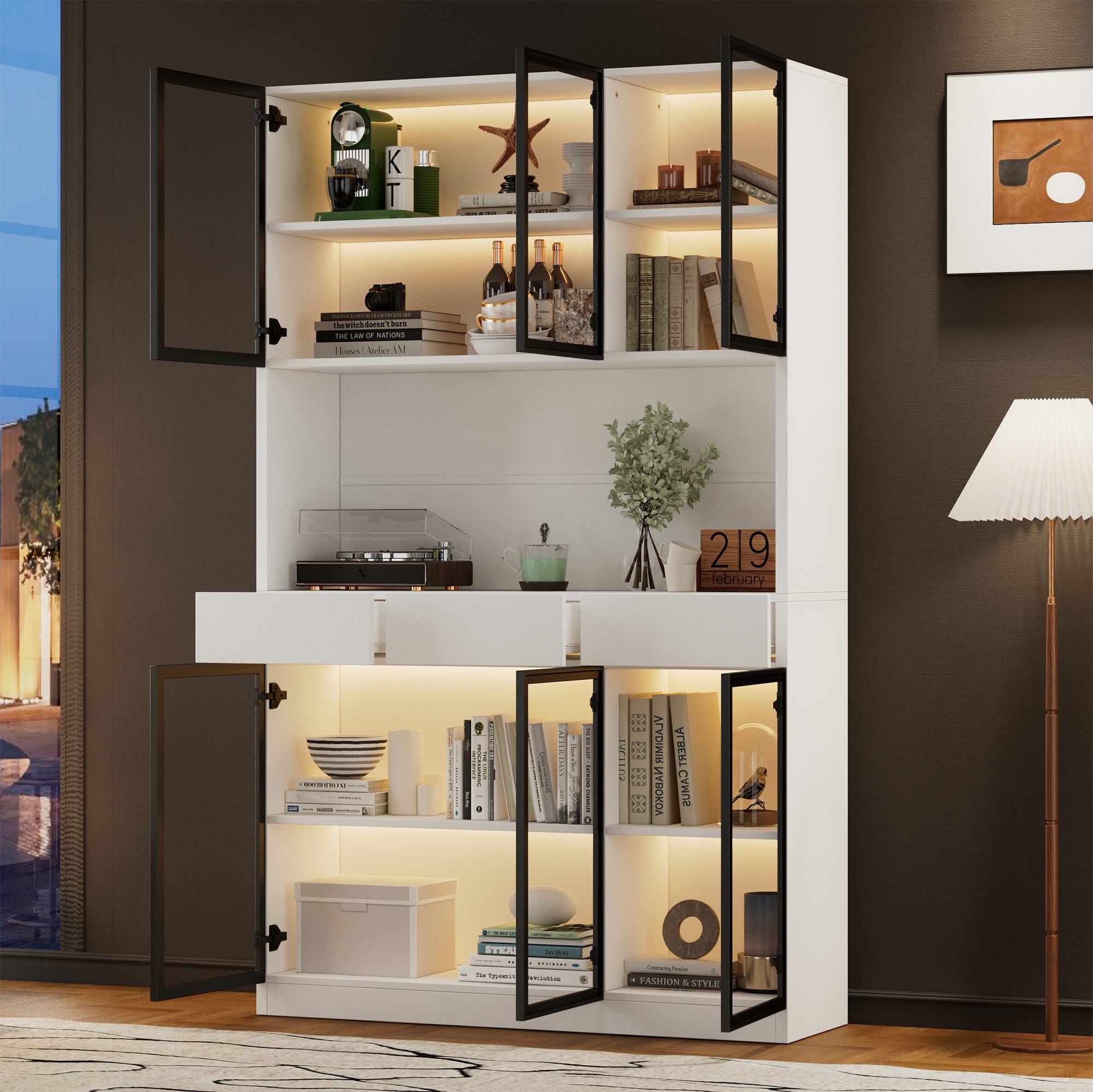 Merax Standvitrine Matt Glasvitrine mit LED-Beleuchtung und Stauraum (30x120x200 cm, 1-St., Standregal Schrank Vitrine) Vitrine mit 6 Türen, 3 Schubladen, schwarzem Rahmen und Glas-Fronten