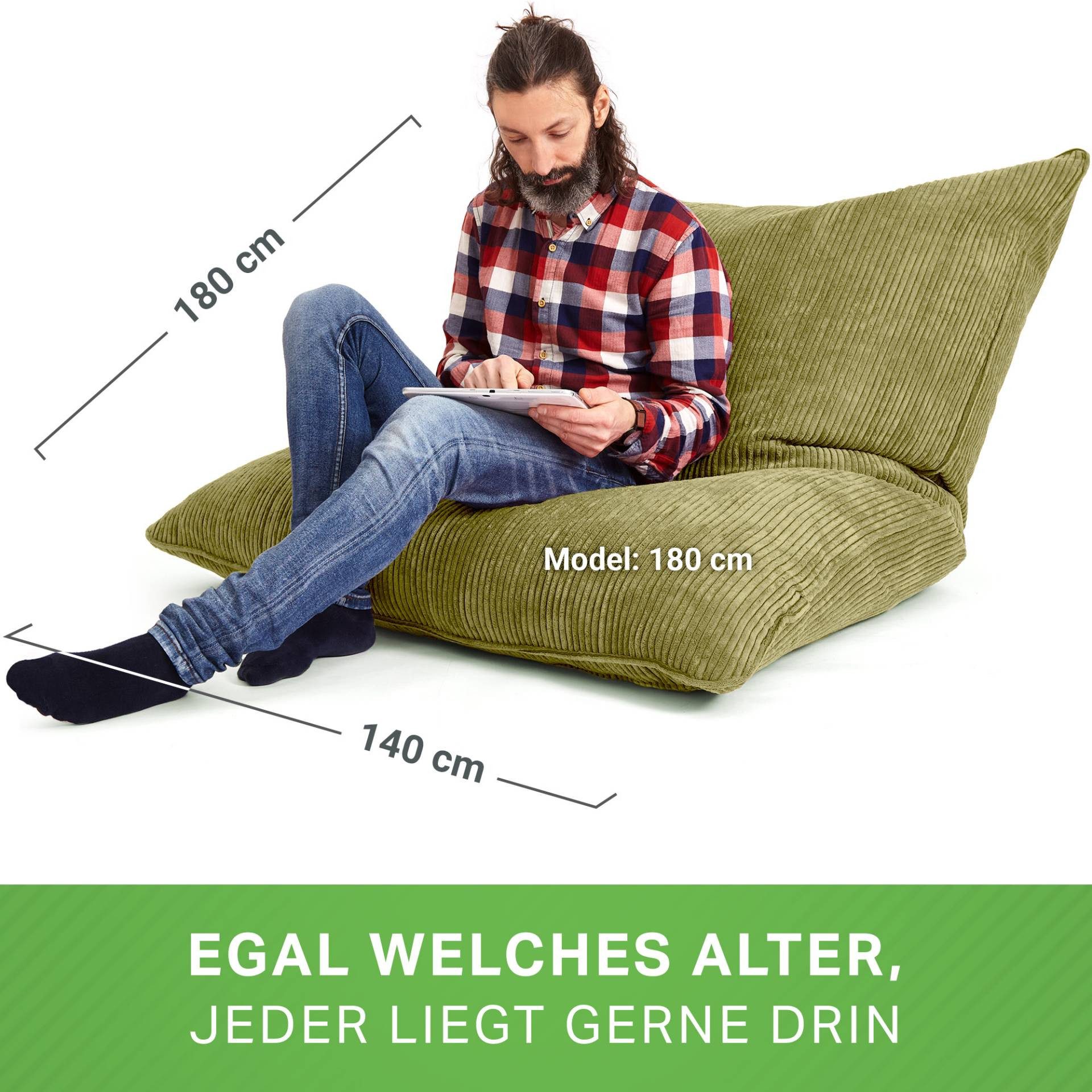 Green Bean Sitzsack XXL Riesen Sitzsack Square aus Cord (XXL aus Cordstoff 370 Liter mit EPS-Perlen Füllung, Kuschelig Weich Waschbar), Sitzkissen Lounge Chair  – Bild 5 von 5