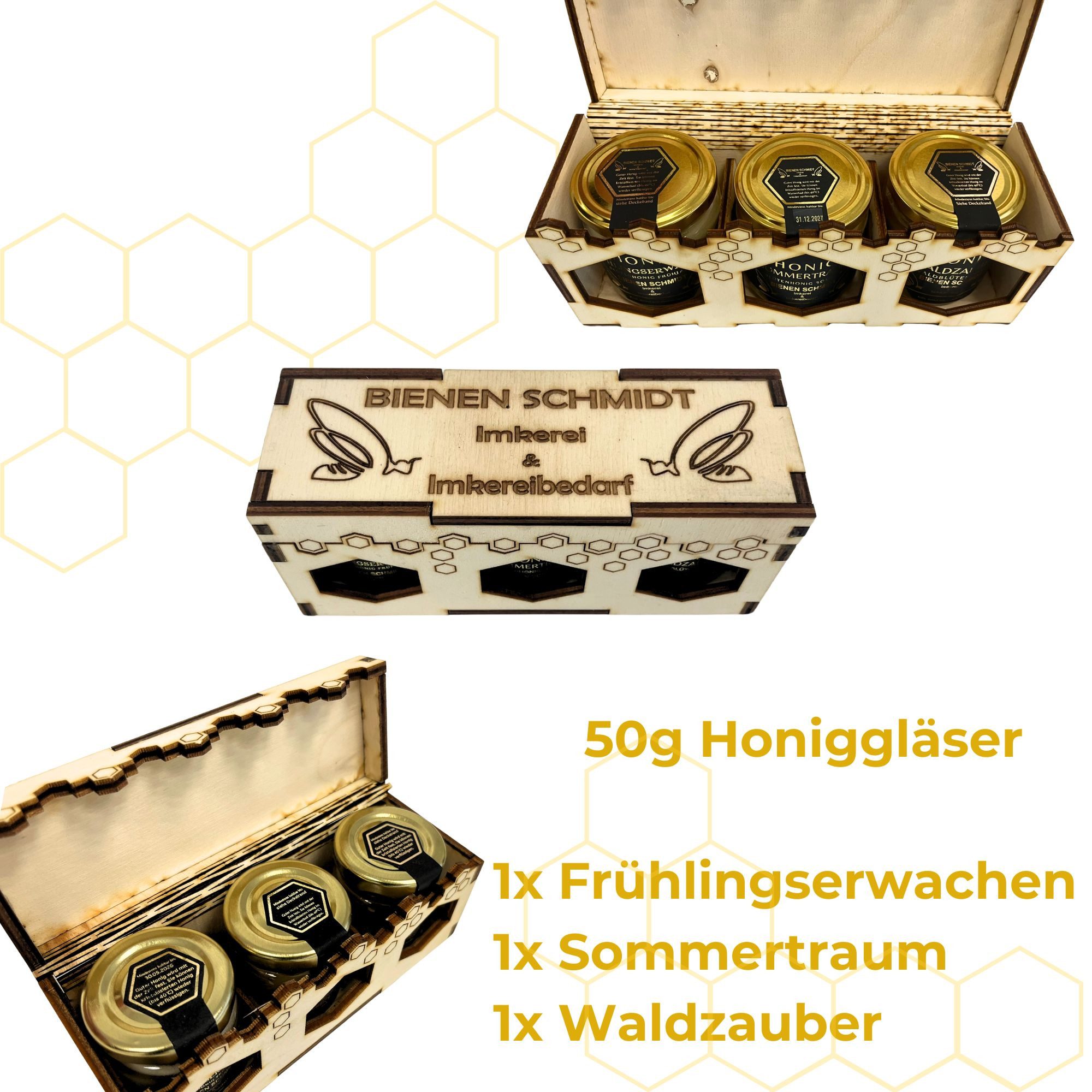 BIENEN SCHMIDT Honig 3er Holzgeschenkset mit 50g Honiggläsern in 3 Sorten, (Spar-Set)