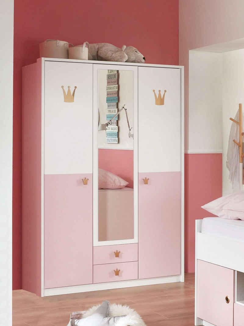 Stylefy Kinderkleiderschrank Emilie III Weiß Pastellrosa (Standschrank, Kinderschrank) 3-türig, mit viel Stauraum, aus Holzwerkstoff, mit Soft-Close Funktion, Design Modern, für Kinder, mit Spiegel und Schubladen