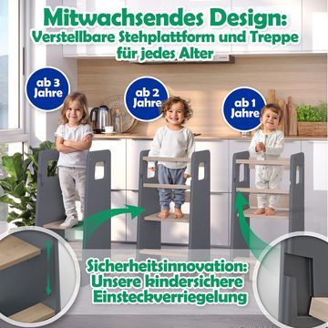CADANI Stehhilfe Lernturm Jasper Küchenhelfer für Kinder Grau (mit Anti Kipp Schutz), ab 1. Jahr Massivholz bis 50 kg belastbar Höhenverstellbar Made in EU