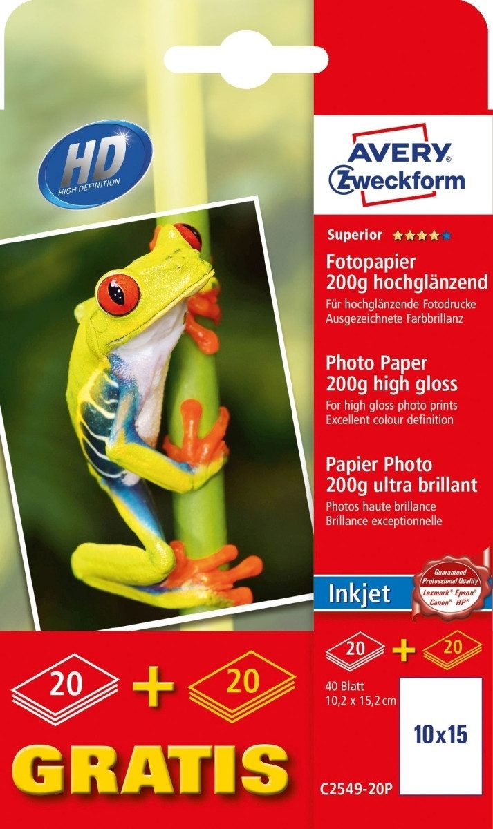Avery Zweckform Fotopapier Foto-Papier Inkjet 10x15cm 200g/qm hochglänzend Aktion 20+20 Blatt