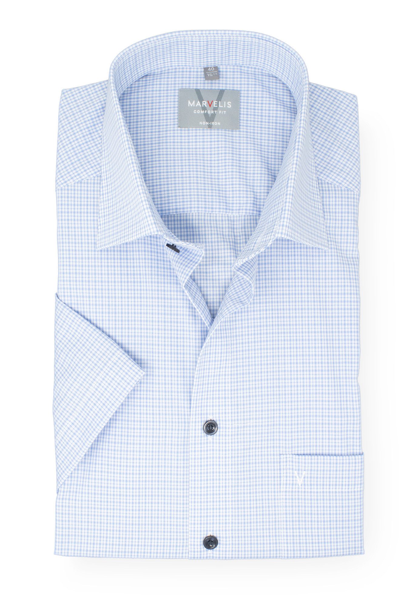 MARVELIS Kurzarmhemd Kurzarmhemd - Comfort Fit - Kariert - Bleu Kontrastknöpfe