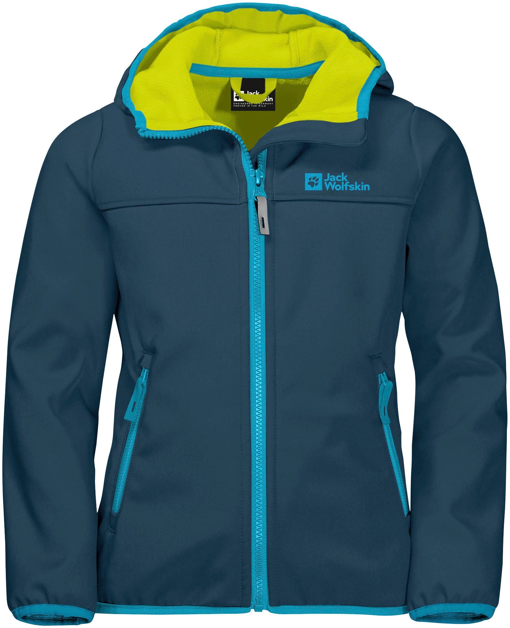 Jack Wolfskin mit dark JACKET KIDS Softshelljacke Details sea farblich abgesetzten FOURWINDS