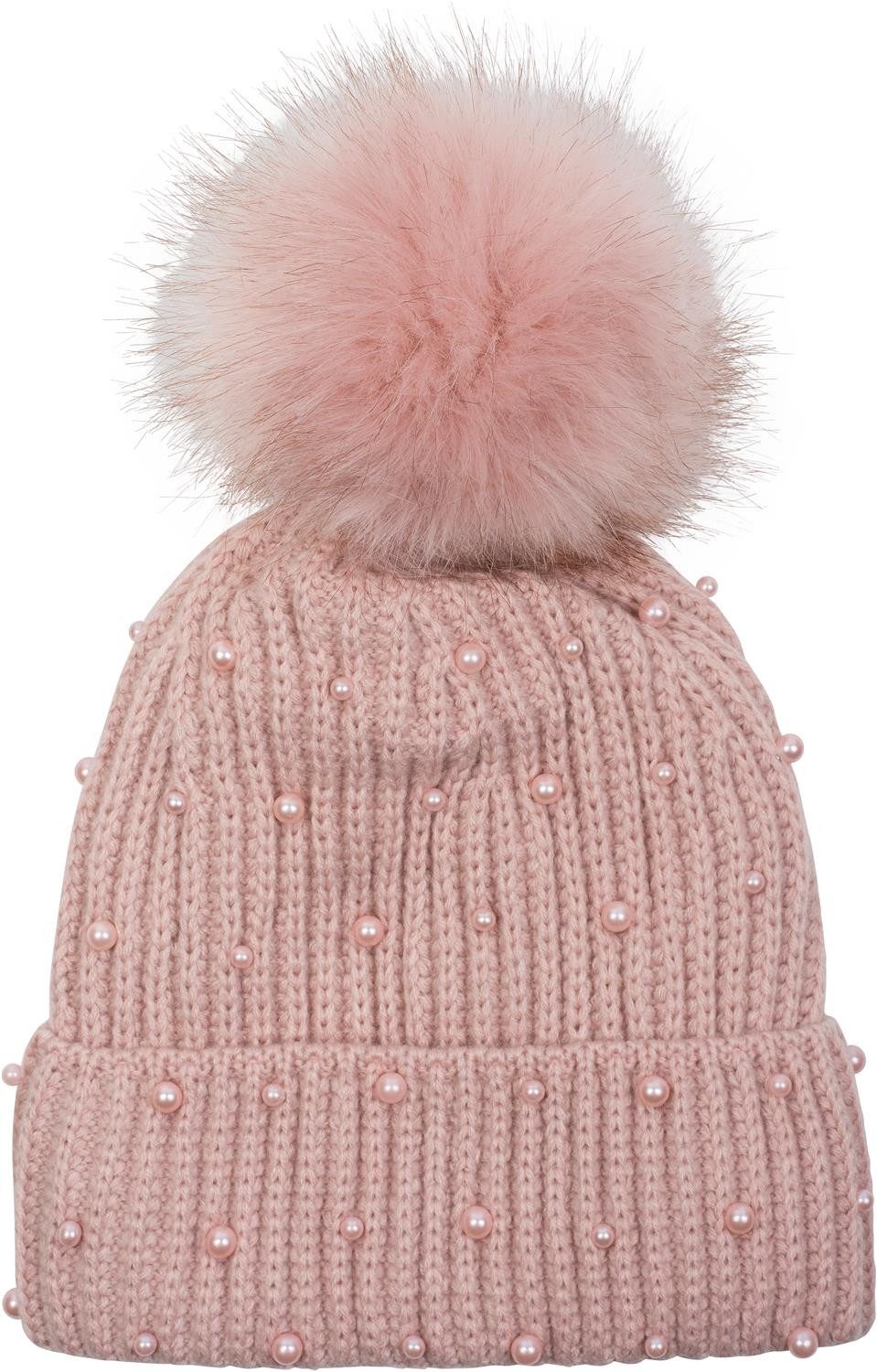 styleBREAKER Bommelmütze Strick Bommelmütze mit Perlen und Fleece Futter (1-St)
