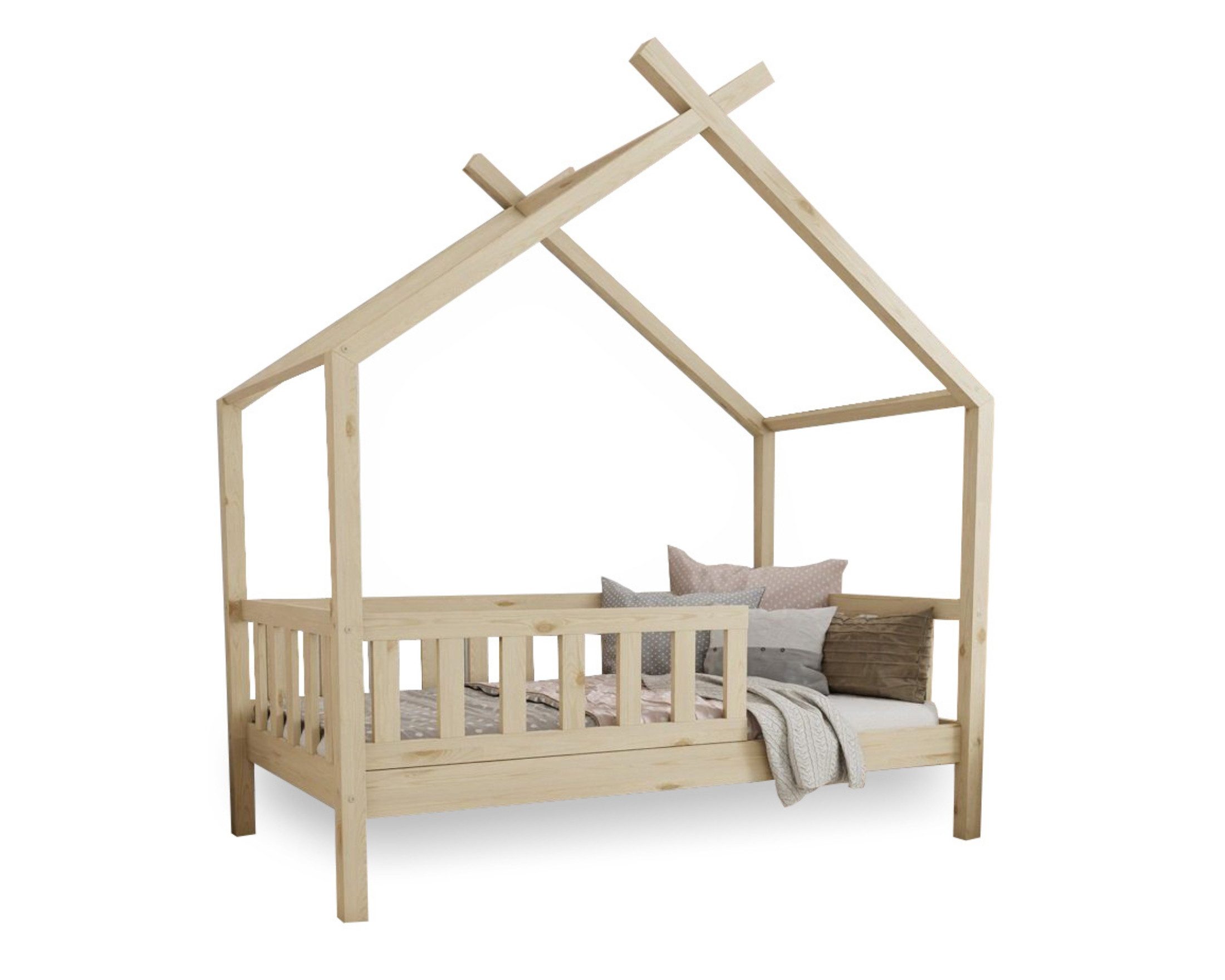 Deine Möbel 24 Hausbett Kinderbett STAR PLUS für 1 Kind Weiß Grau Kiefer Natur Beige Rosa (80x180 90x200 120x200 140x200 Bett für Kinder Komplettbett mit abnehmbarem Rausfallschutz Schutzgitter, 2-tlg., Matratze optional), inkl. Lattenrost
