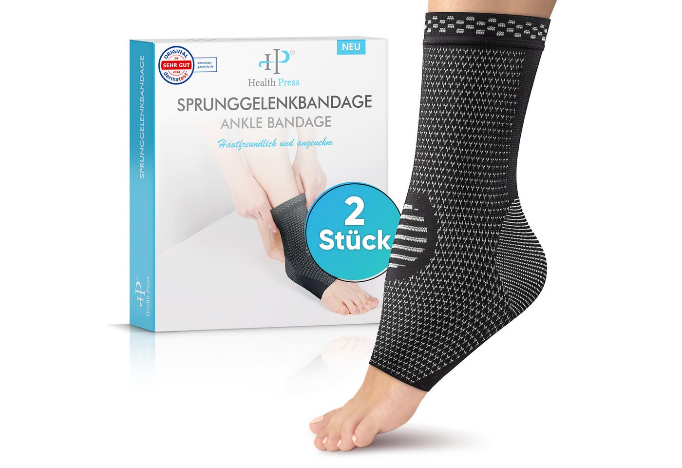 Health Press Sprunggelenkbandage – Sprunggelenkorthese, Sprunggelenkstütze & Knöchelbandage (Damen & Herren, Rechts & Links, 2er Set), dermatologisch getestet
