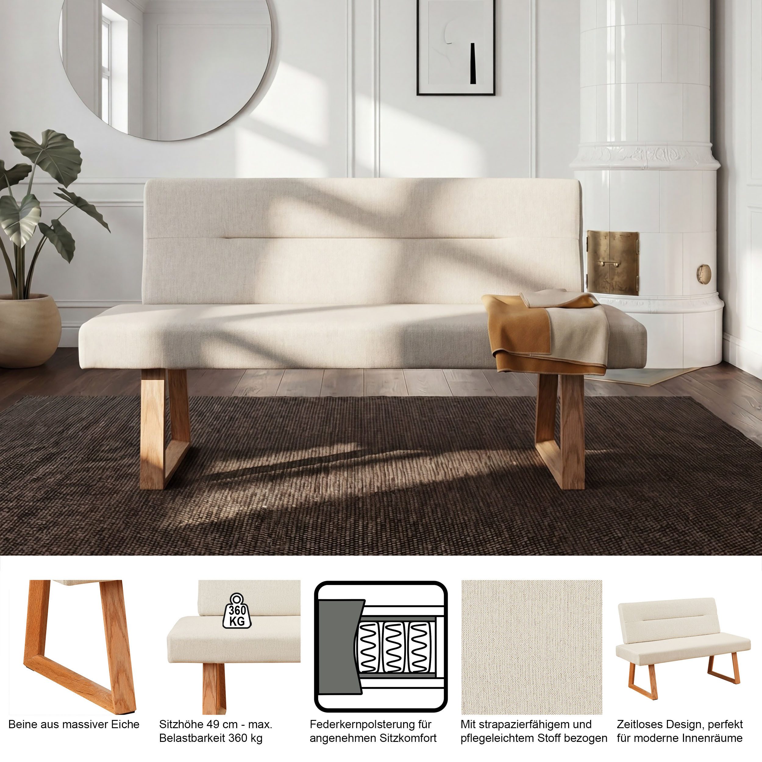 OTTO home Essbank Mellio, Beine aus massiver Eiche, pflegeleichtem Webstoff Bezug, Breite 140 cm