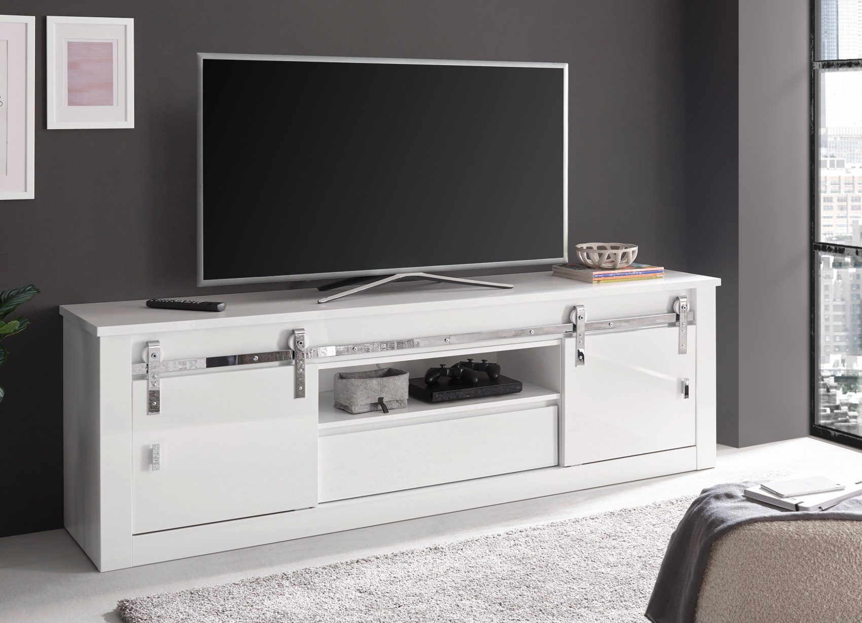 Furn.Design Lowboard Miami (Flat-TV Unterschrank in Weiß Hochglanz, 201 x 66 cm), mit Soft-Close und Schiebetüren