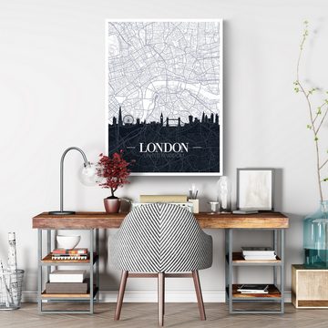 wandmotiv24 Leinwandbild Stadt Karte, Hochformat, London, England, Großbritannien, Skyline, Weltkarten (1 St), Wandbild, Wanddeko, Leinwandbilder in versch. Größen