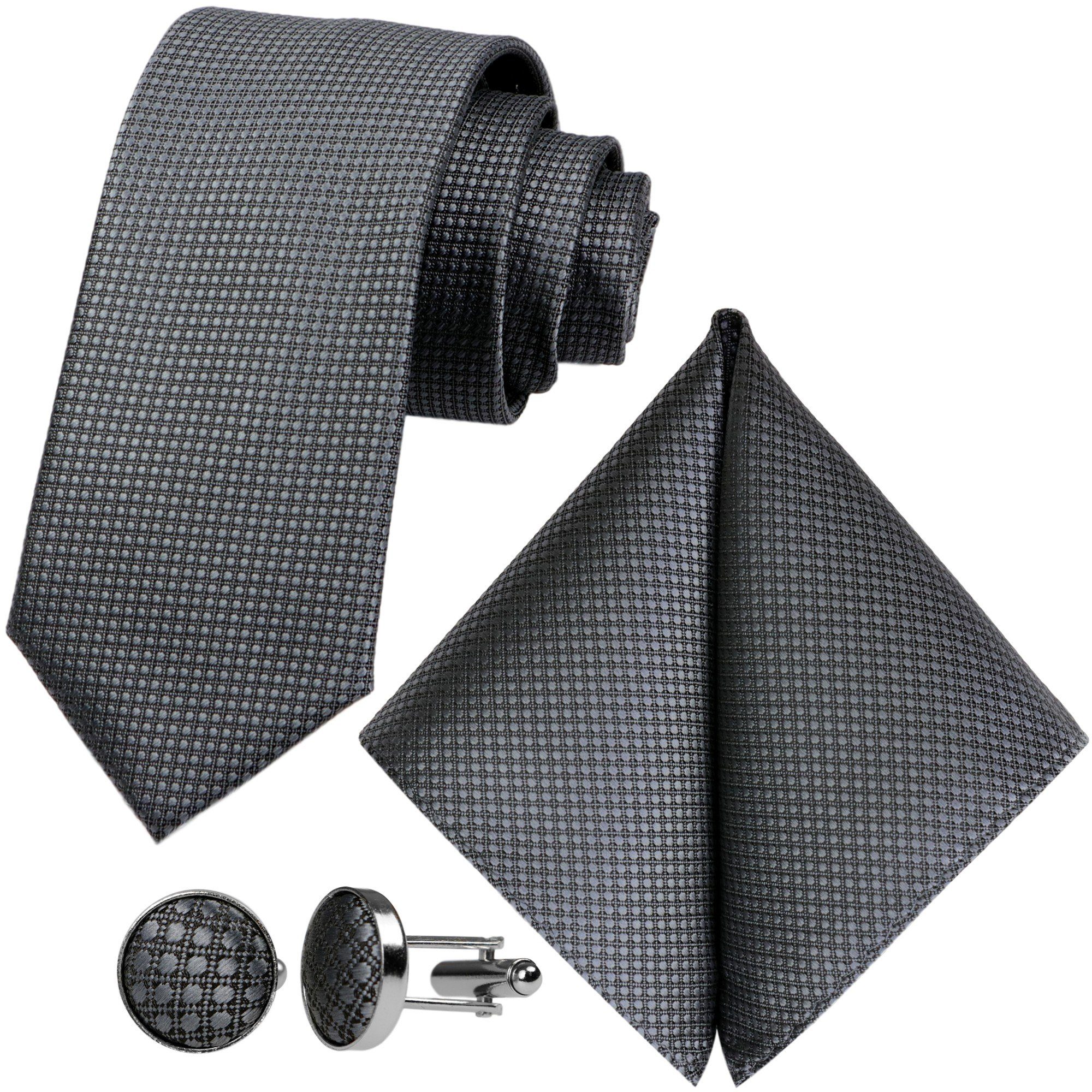 GASSANI Krawatte Karo Hochzeitskrawatte Tuch Festlich Schmal, Herren-Schlips Business (Set, 3-St., Uni, Einfarbig, Галстукиset, mit Einstecktuch, Manschettenknöpfe) Kariert, Gepunktet, Punkte, Dots, Grid Struktur, Matt Seide-Touch