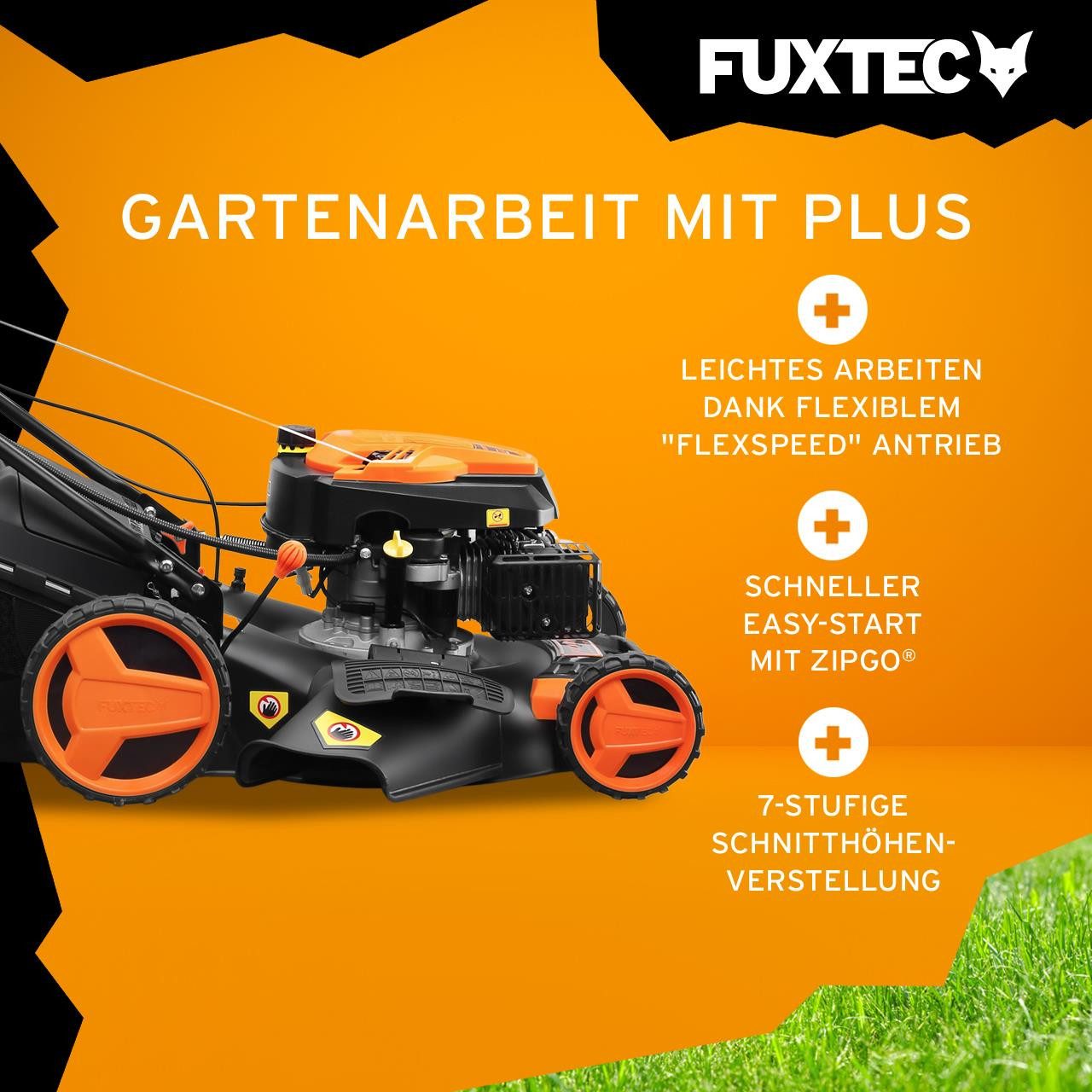 FUXTEC Benzinrasenmäher FX-RM5196eSPRO, 50,1 cm Schnittbreite, 50 cm Schnittbreite, 60 L Fangkorb, 4in1, Auto-Choke, E-Start, 5,3 PS