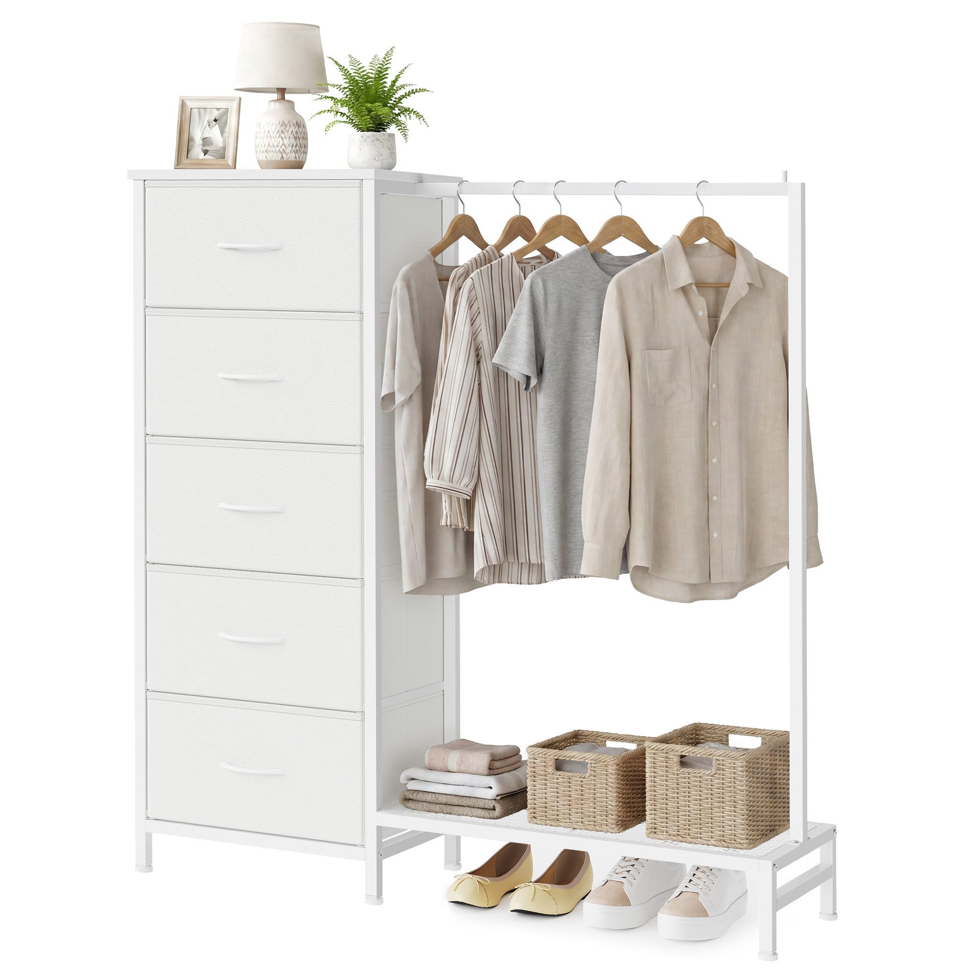 SONGMICS Kleiderständer mit Kleiderstange und Schuhablage, für Schlafzimmer, Flur, Garderobenständer mit 5 Stoffschubladen, 96,2 x 30 x 117,7 cm