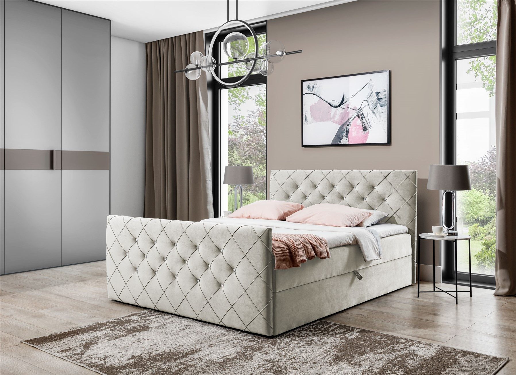 Fun Möbel Boxbett Schlafzimmerbett EIVOR Stoff Magic Velvet Überlänge (220cm) (Kopfteil und Fußteil mit Strasssteinen besetzt, 220cm), inkl. Topper und Bettkästen