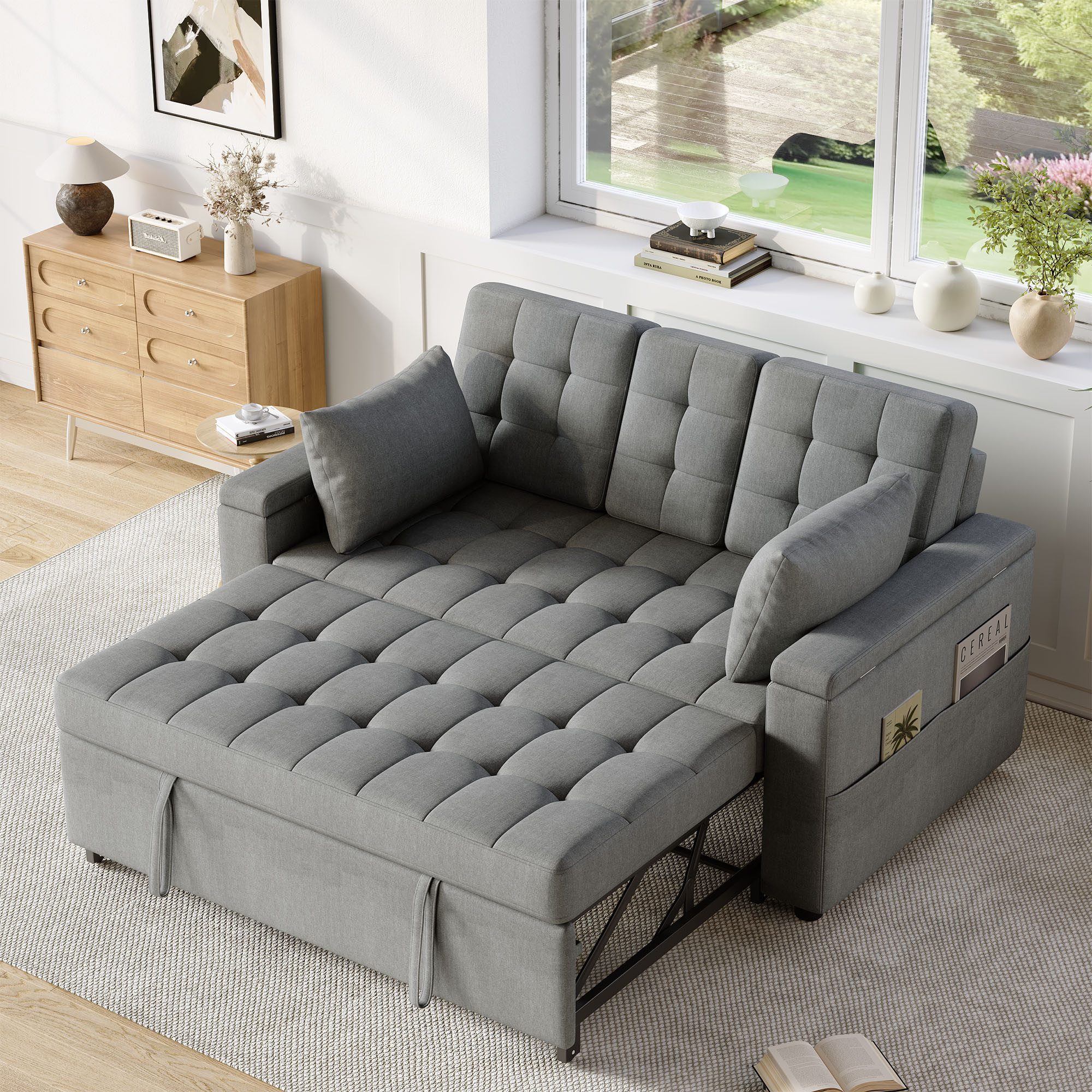 Merax Schlafsofa mit Schlaffunktion & verstellbarer Rückenlehne (108°/138°/180), Baumwoll-Leinen, 159×142,5×92cm 1 Teile, 2-Sitzer Sofa Klappsofa mit Armlehnen- – Bild 3 von 5