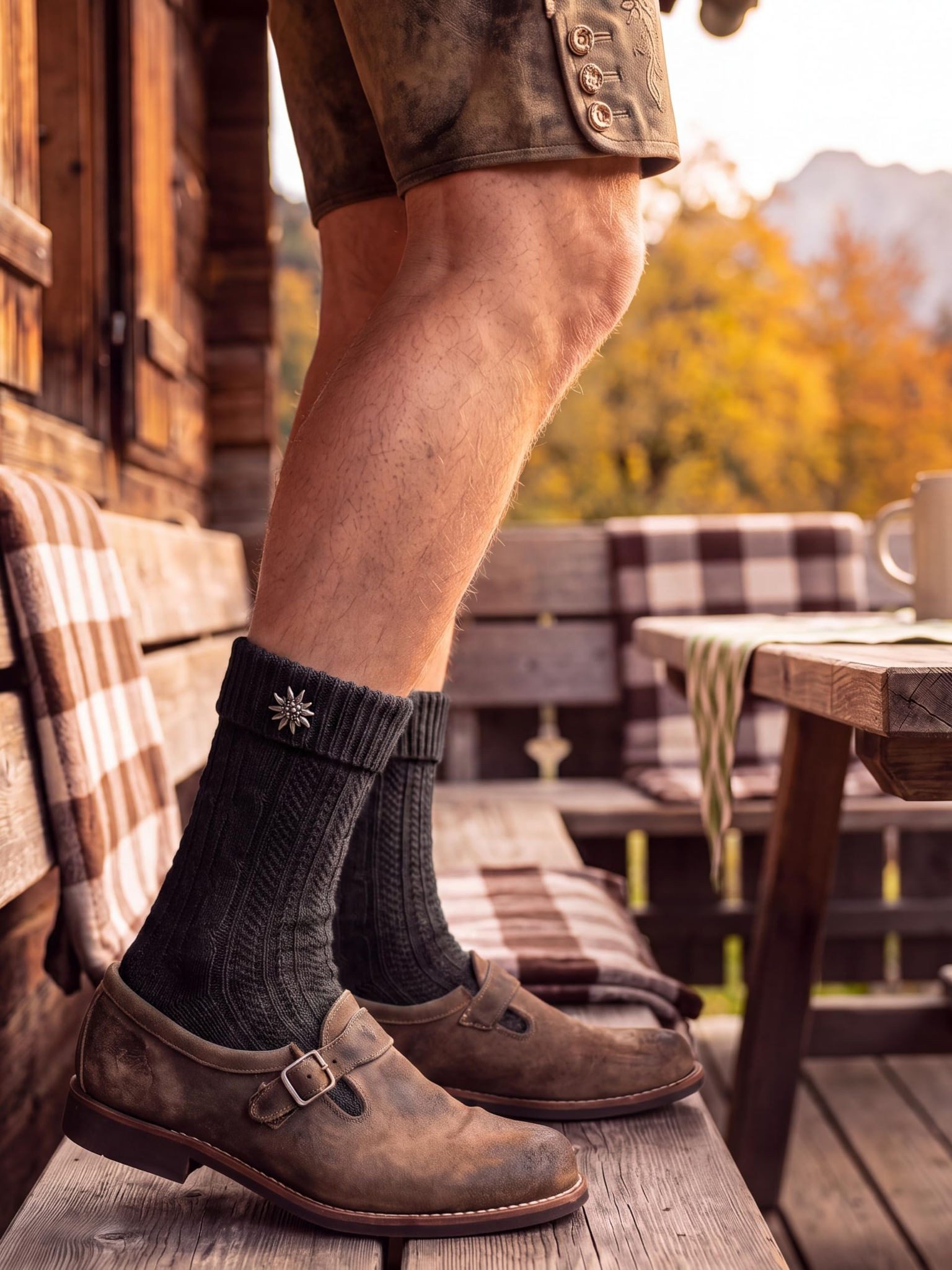 Black Snake Trachtensocken Oktoberfest-Schoppersocken mit Edelweiß-Pin für Damen und Herren (Socken-Set, 2-Paar, Schwarz 43/46) Abnehmbarer Anstecker mit Zopfmu – Bild 2 von 5