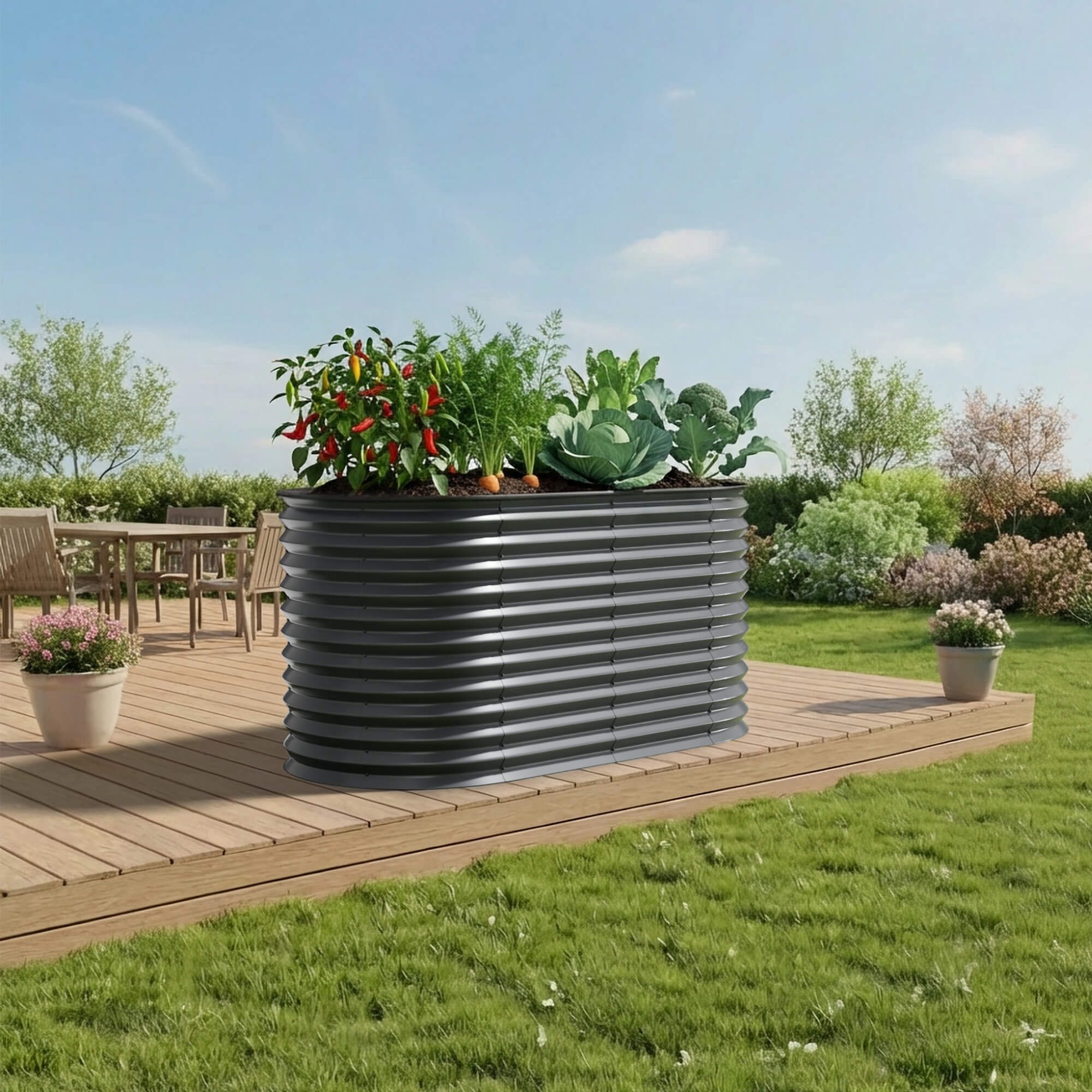 Arebos Hochbeet Metall Oval 160x80x78cm Gartenbeet für Gemüse, Kräuter & Blumen 780L (Witterungs- & UV-beständig, Rostresistenter verzinkter Stahl, Kantenschutz aus Gummi)