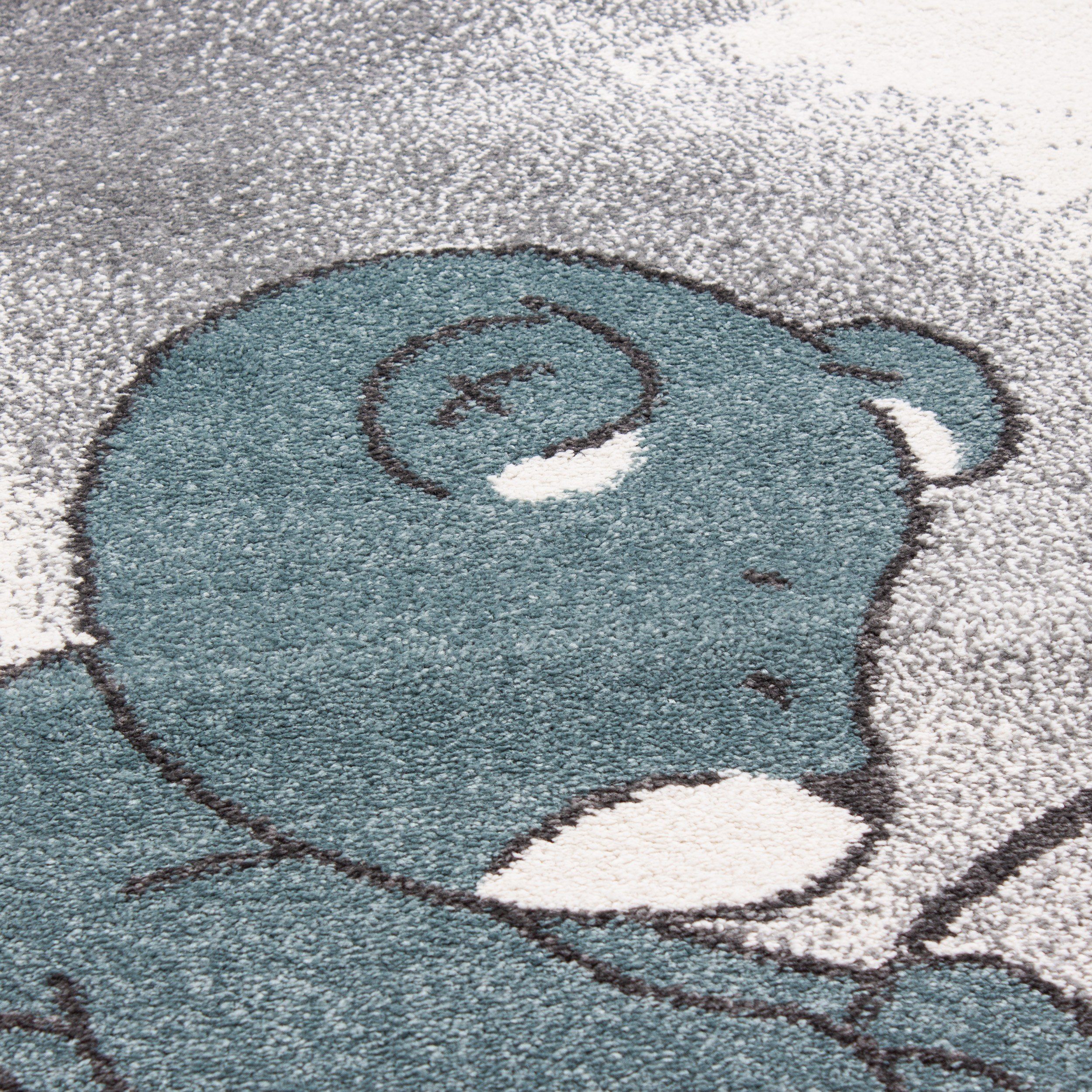 Kinderteppich Teddybärteppich Kinderzimmer Blau Flachflorteppich Kurzflorteppich Sterne, Miovani