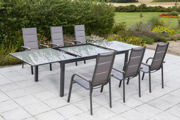 MERXX Garten-Essgruppe Trivero, (Set 7-teilig, Tisch, 4 Stapelsessel, Aluminium mit Textilbespannung, Sicherheitsglas), mit ausziehbarem Tisch, Sitz- und Rückenfläche gepadded