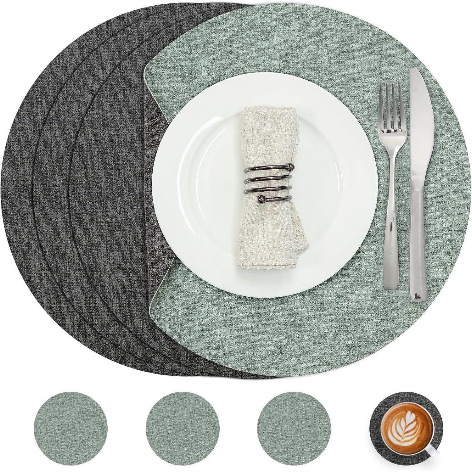 LuxusKollektion Platzset Tischsets Kunstleder abwaschbar rund 36cm Grau Salbeigrün 4er Set