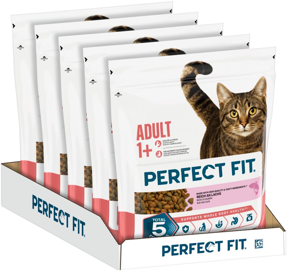 Perfect Fit PERFECT FIT™ Katze Beutel Adult 1+ mit Lachs 5 x 1,4kg, Trockenfutter für: Katze
