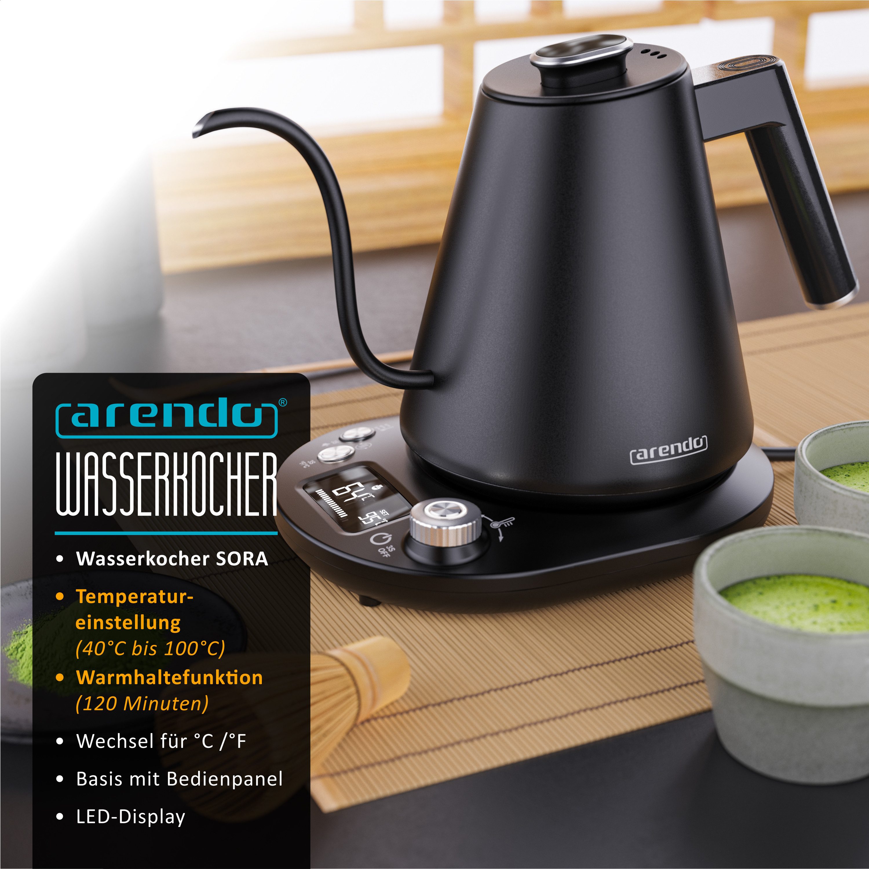 Arendo Wasserkocher aus Edelstahl, Temperatureinstellung 40°–100°C mit Basis & Anzeige, 1,0 l, 1100 W, kompakt, Reisewasserkocher, Teekocher Temperaturanzeige,  – Bild 2 von 5