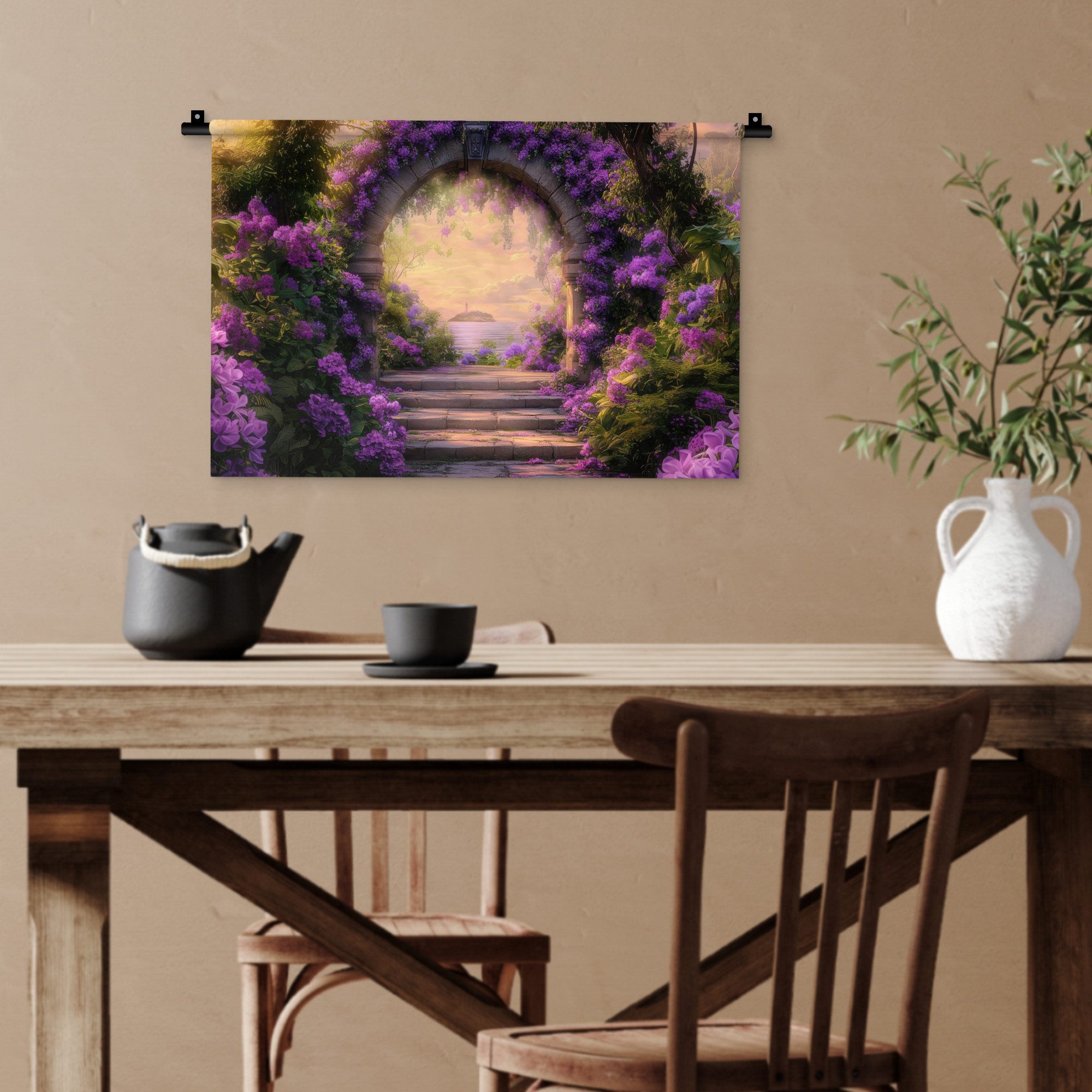 MuchoWow Wandteppich Tor - Lila - Blumen, Rechteckig, Höhe: 3 mm, Wandteppich für Wohnzimmer, Schlafzimmer, 60x40 cm