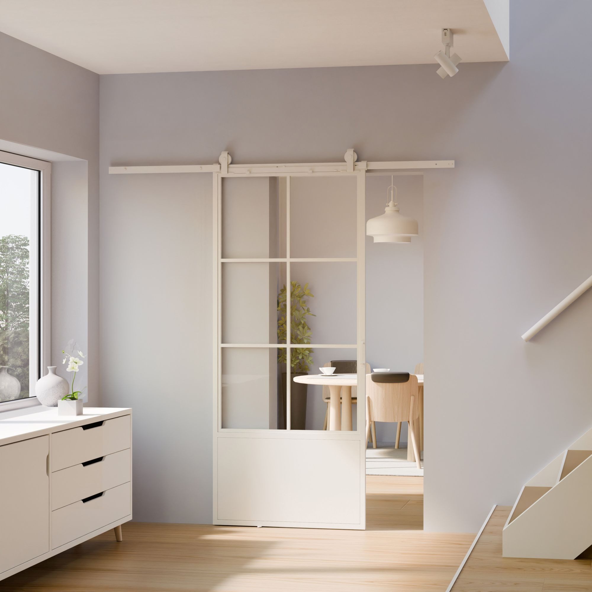 inova wohnen Glasschiebetür Stahltür Weiß mit Klarglas Einsatz, Größenauswahl (Komplett Set, inkl. offener Laufschiene und Bügelgriff), beidseitiger Softclose, Loftstyle