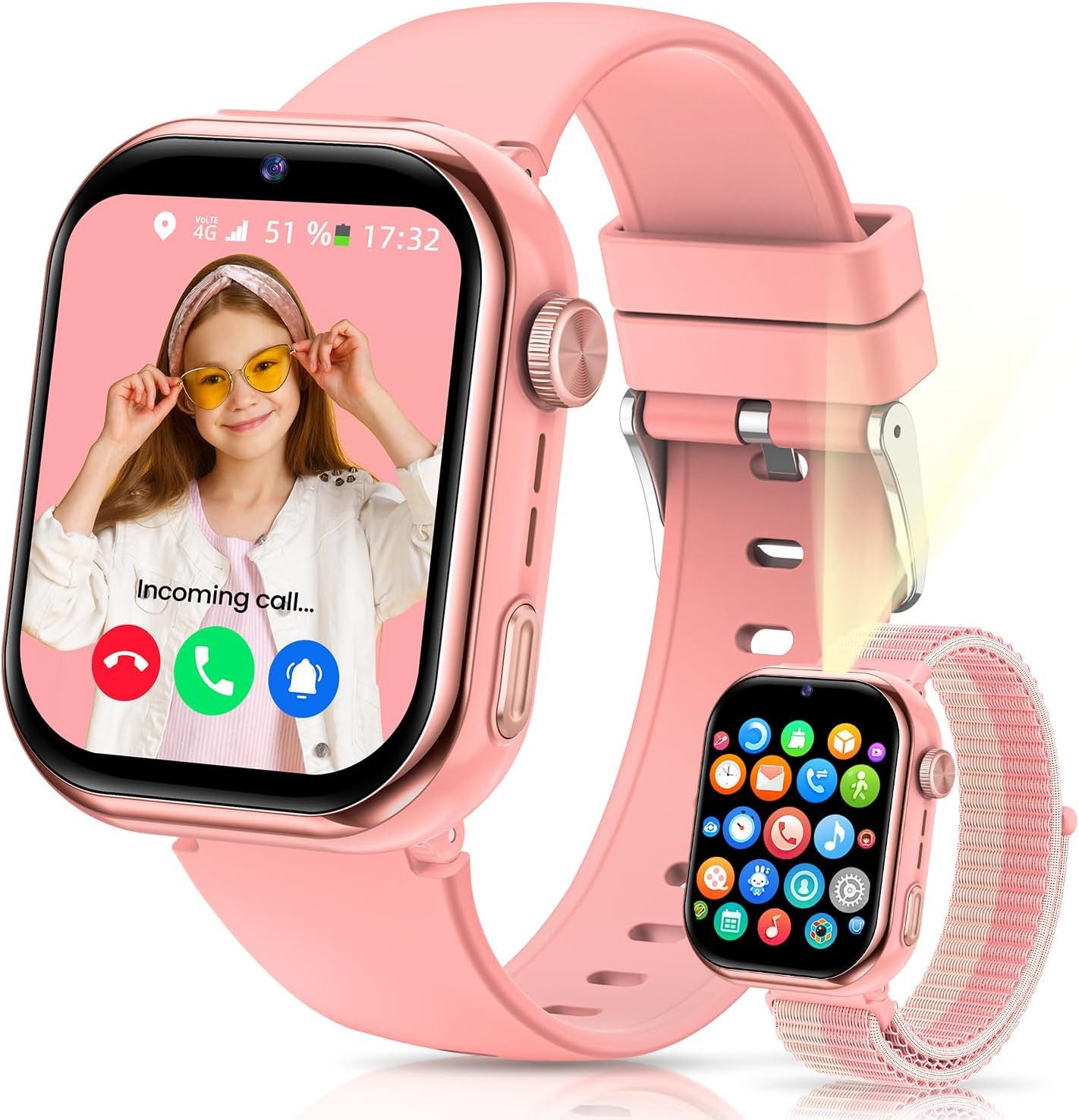 NAIXUES Smartwatch (2,5 cm, sim-karte), 4G Kinder Smartwatch mit Videoanrufen GPS Ortung SOS