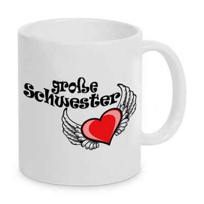 Herzbotschaft Tasse Kaffeebecher mit Motiv große Schwester, Keramik, Kaffeetasse spülmaschinenfest und mikrowellengeeignet