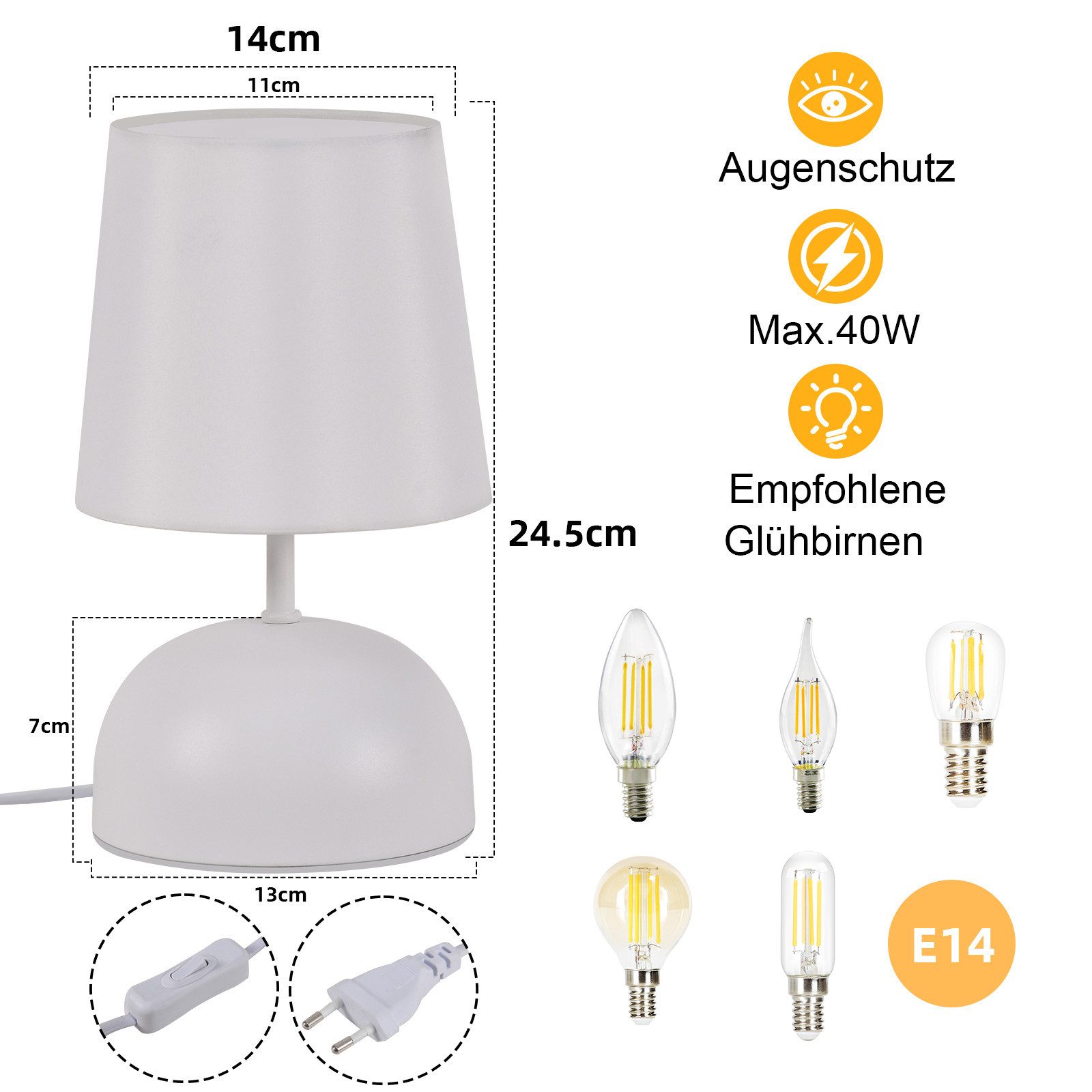 Nettlife Tischleuchte Beige Stoff mit Kabel Nachttischlampe Schlafzimmer Modern Bett, mit Kabel, ohne Leuchtmittel, Klein Schreibtischlampe für Wohnzimmer Büro Bett Tisch Fenster Hotel