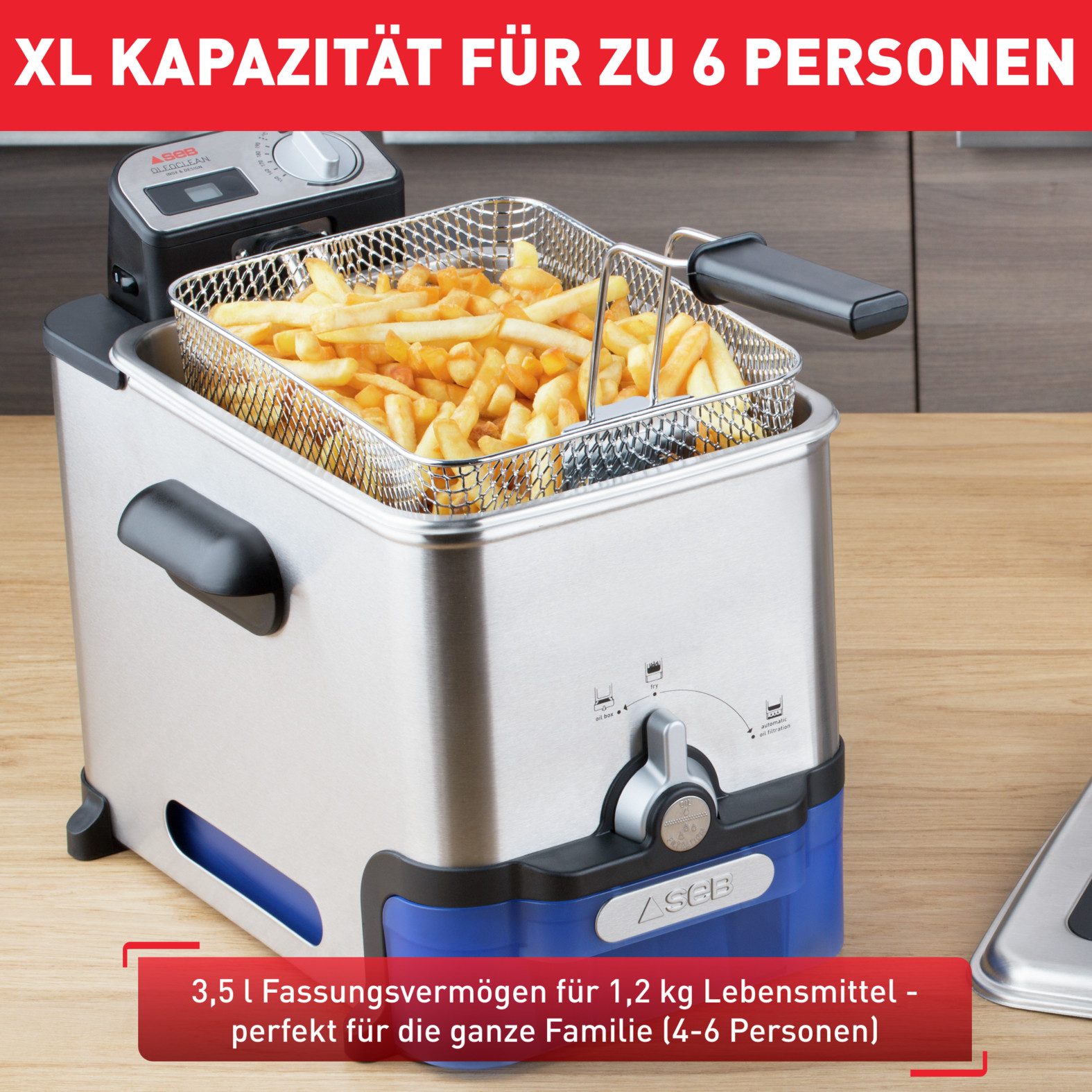 Tefal Kaltzonenfritteuse Oleoclean Pro, Kapazität 1,2 kg, herausnehmbarer Ölbehälter, 2300 W, automatische Öl/Fett Filterung, Timer, Thermostat, 3,5l Öl, FR8040 – Bild 3 von 5