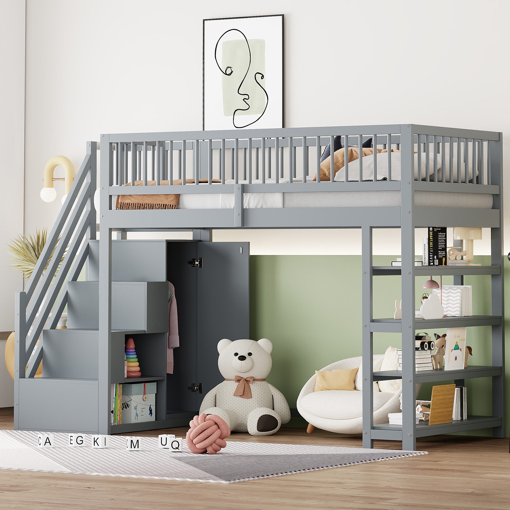 Flieks Hochbett Etagenbett Kinderbett Massivholz 90x200cm mit Kleiderschrank Regalen