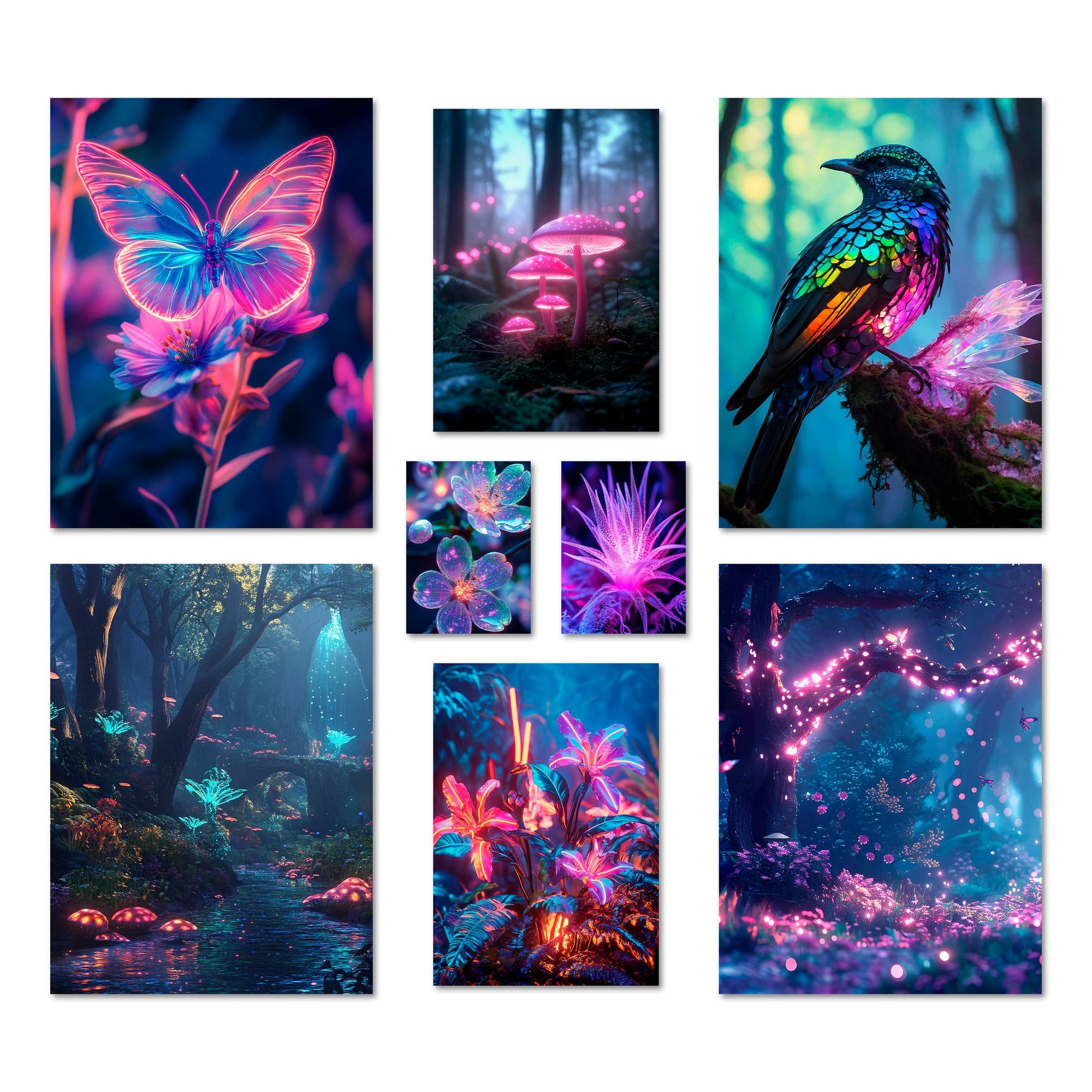 ARTFAVES Bilder-Collage Poster Set - Futuristic Neon Forest - Deko Wandbilder lila, avatar, bi, (Wandbilder modern, 8 St)
