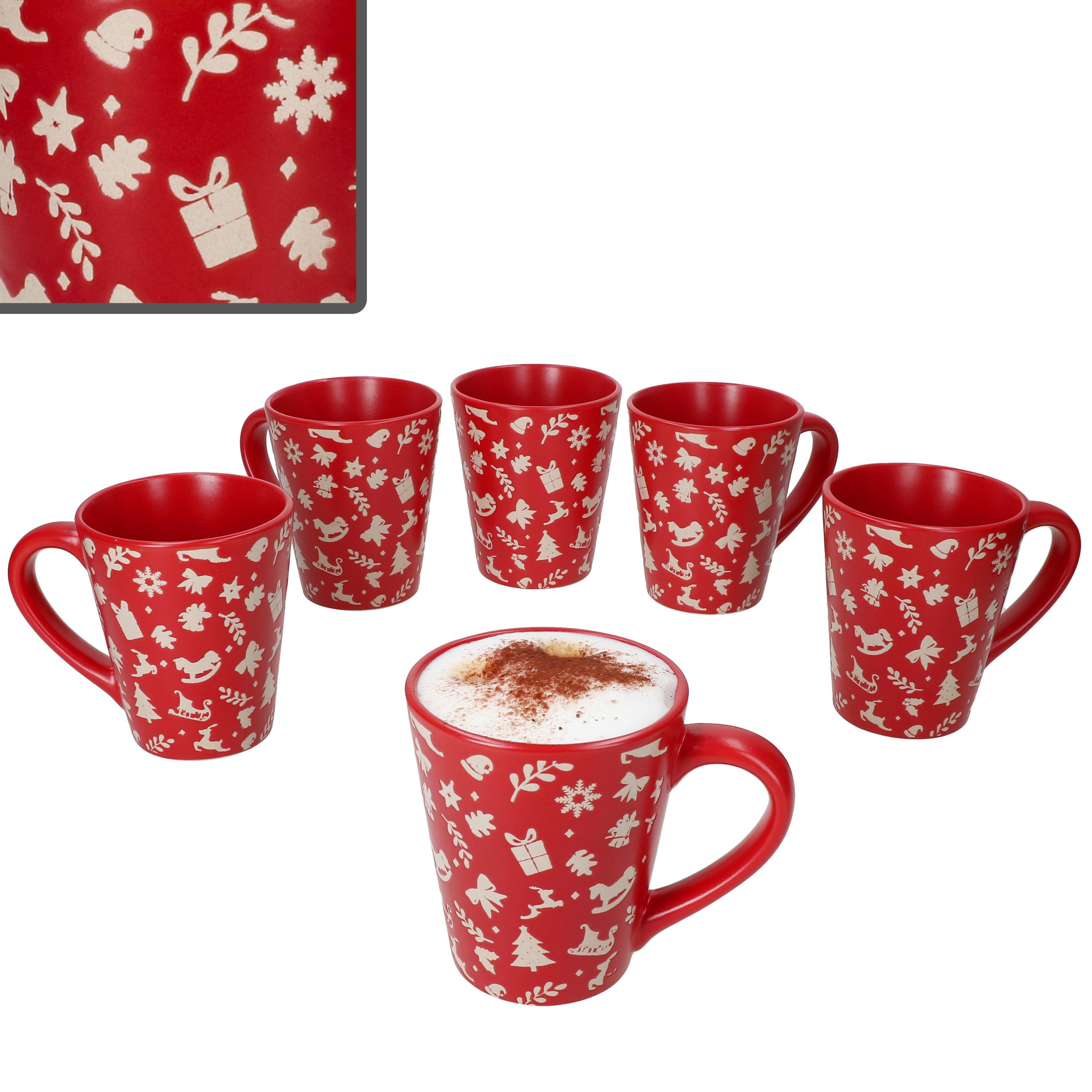 Becher 6er Set Advent Kaffeebecher 250ml Steingut Rot Creme Weihnachten Tee
