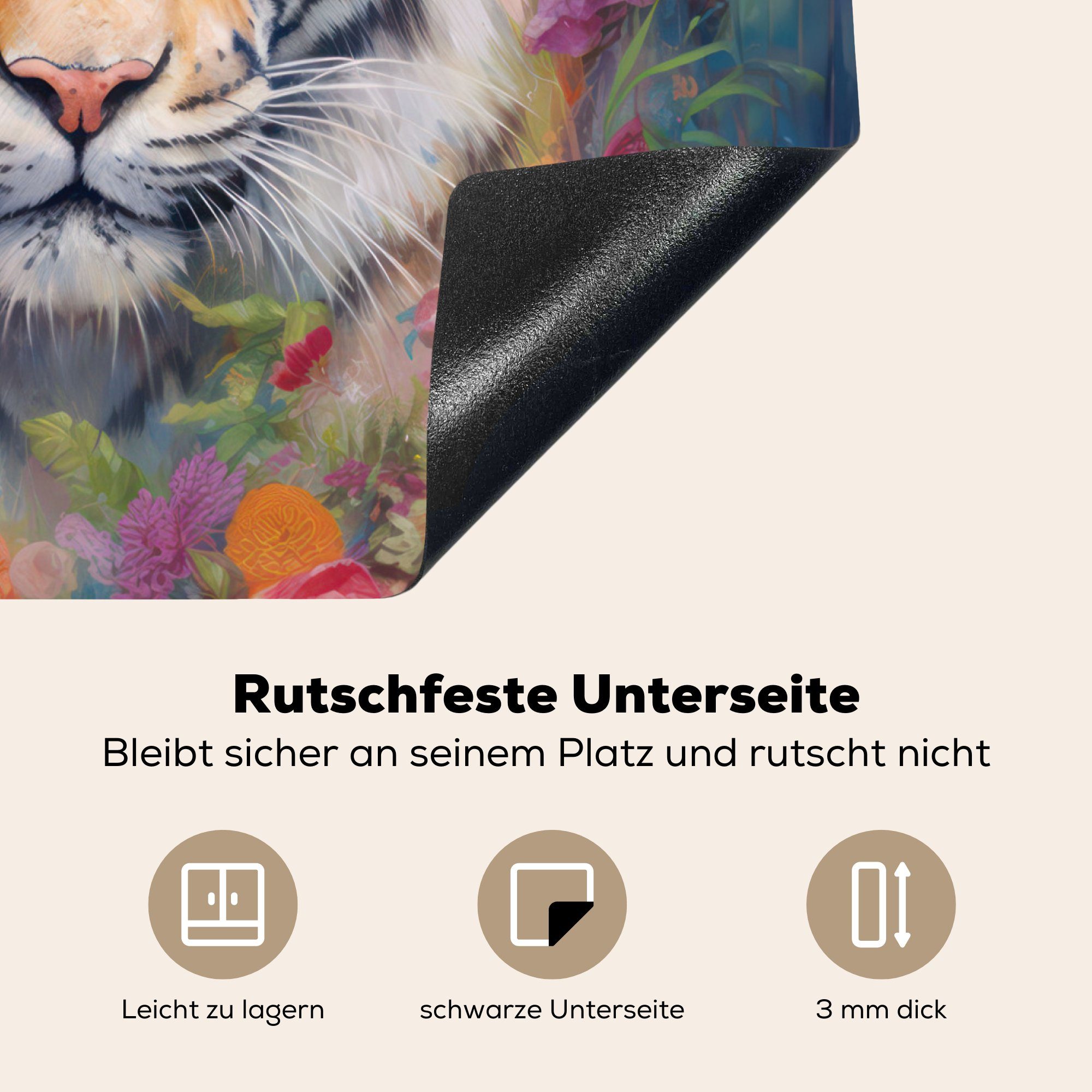 MuchoWow Herdblende-/Abdeckplatte Tiger - Blumen - Botanisch, - Ceranfeldabdeckung 60x52 Wildtiere Mobile (1 tlg), Arbeitsfläche Vinyl, cm, nutzbar