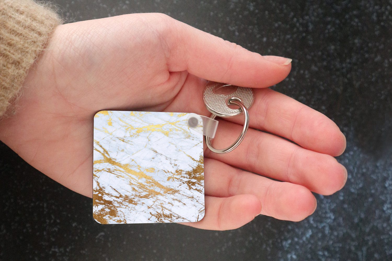 MuchoWow Schlüsselanhänger Marmor - Gold - Weiß - Luxe - Marmoroptik - Glitzer, Quadratisch, Accessoire Auto / Haus / Rucksack / Handtasche, 5x5 cm