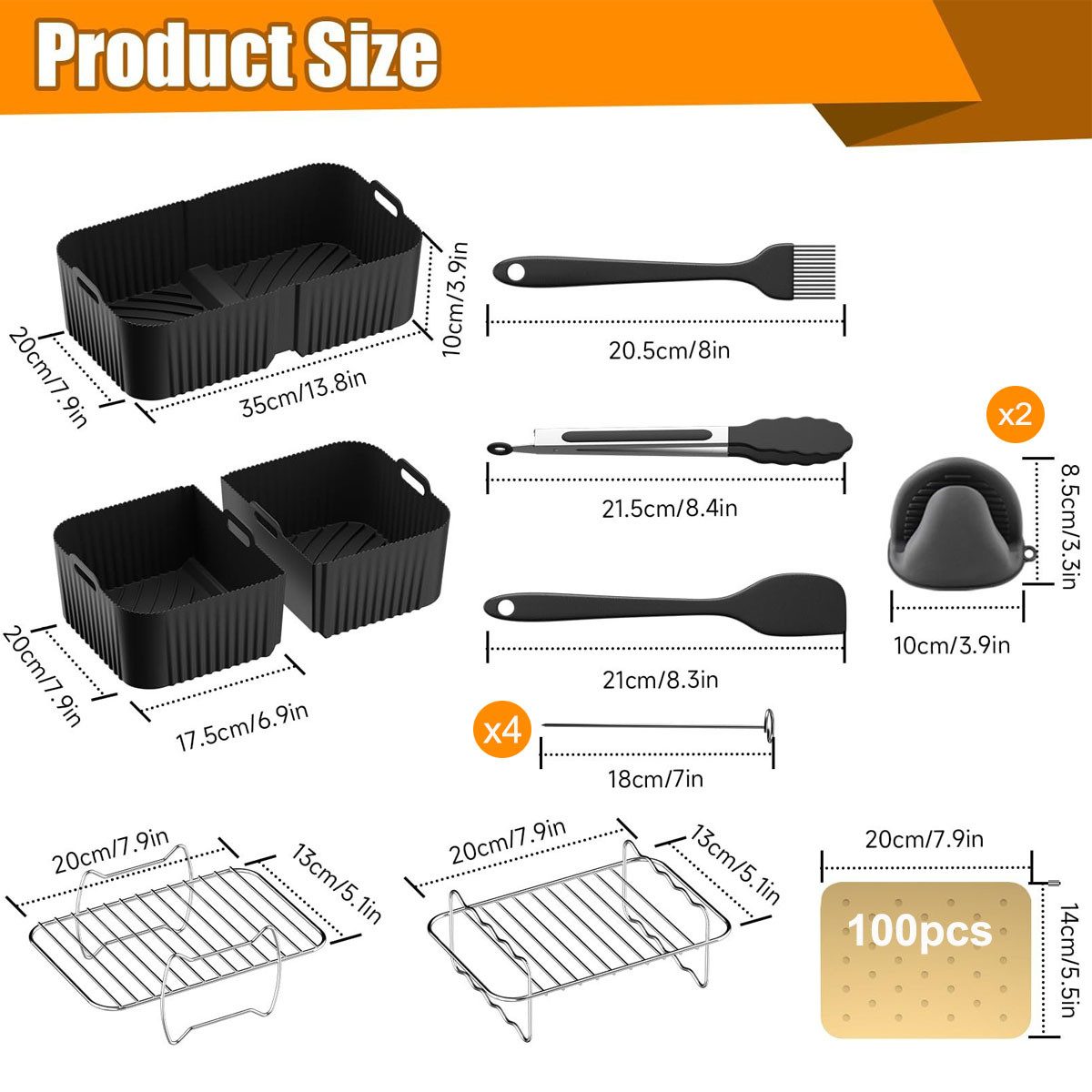 SURFOU Backform Airfryer Zubehör Backpapier für Ninja AF500EU Heißluftfritteuse 17St., (17-tlg Airfryer Zubehör set mit 10,4L, 5,2L Silikonformen, Grillgestelle, Spieß Rack, Zange, Spatel, Ölbürste, Handschuhe und backpapier, für Ninja Foodi AF500EU& AF500EUCP, ninja foodi flexdrawer 10,4L, 17-tlg), BPA-frei, 304Edelstahl, Lebensmittelechtes Silikon