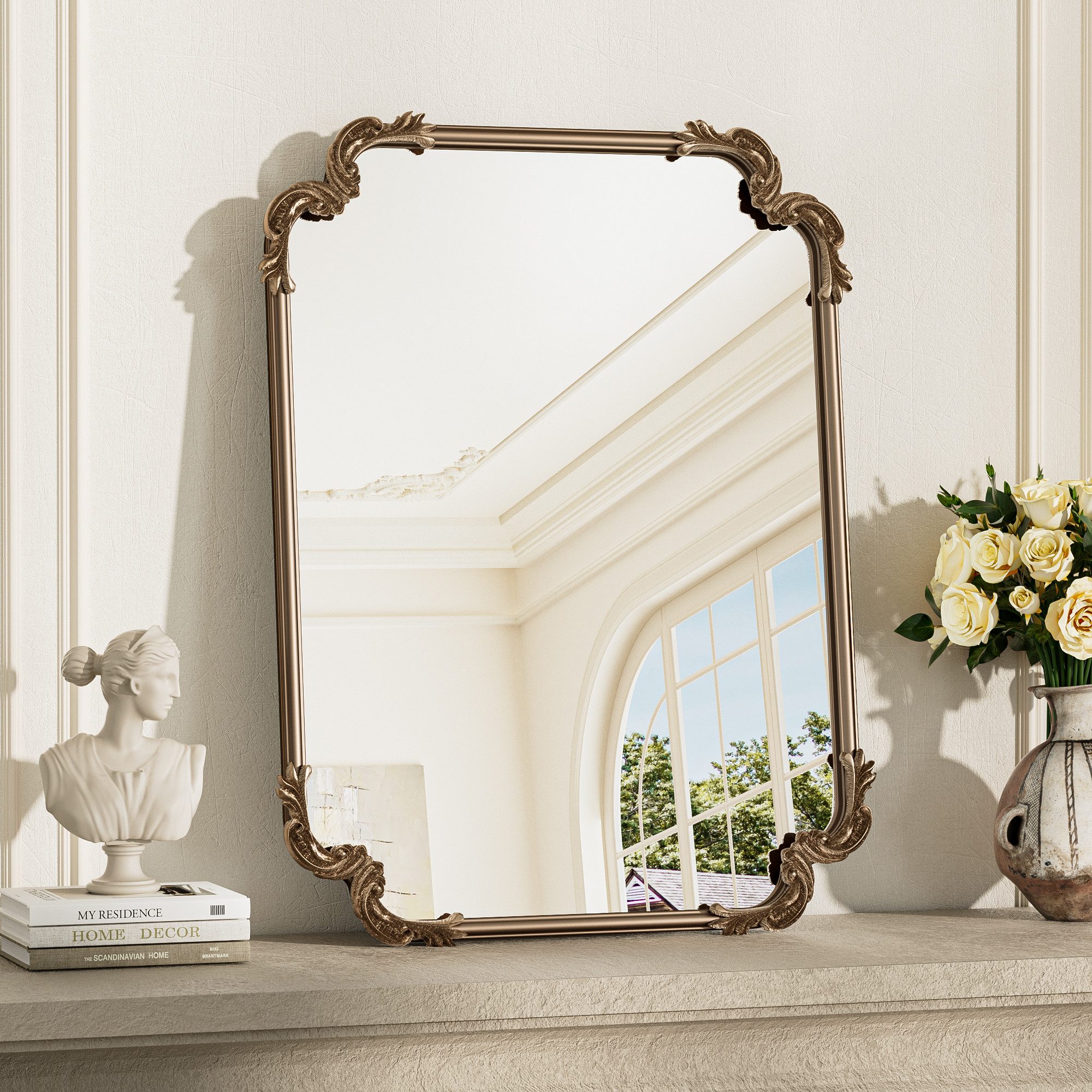 Keonjinn Dekospiegel Vintage Barock Wandspiegel mit Metallrahmen (Montage quer & hoch), Rechteckiger Spiegel für Badezimmer, Wohnzimmer, Schlafzimmer