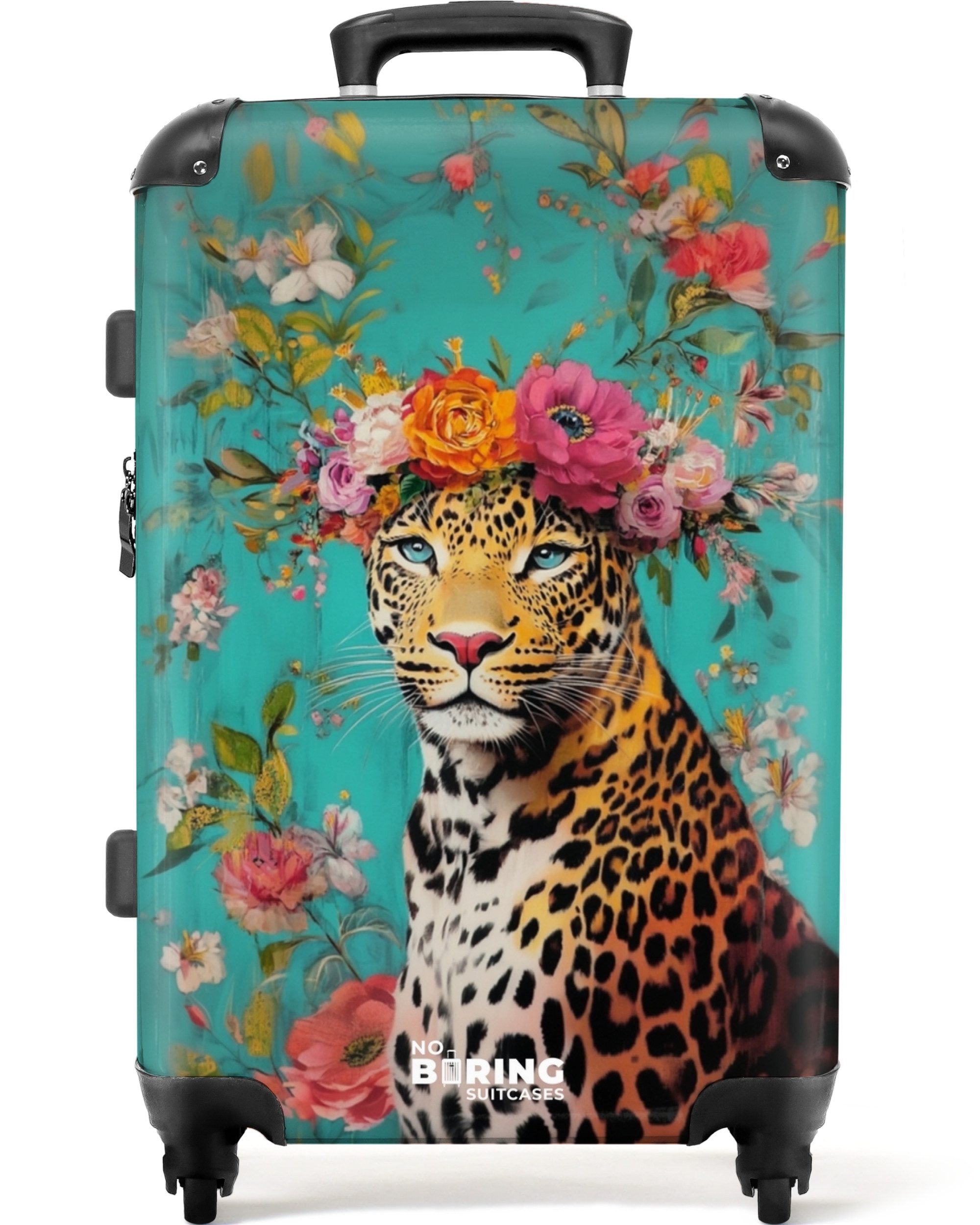 NoBoringSuitcases.com© Hartschalen-Trolley Leopard mit Blumenkrone auf günstig online kaufen