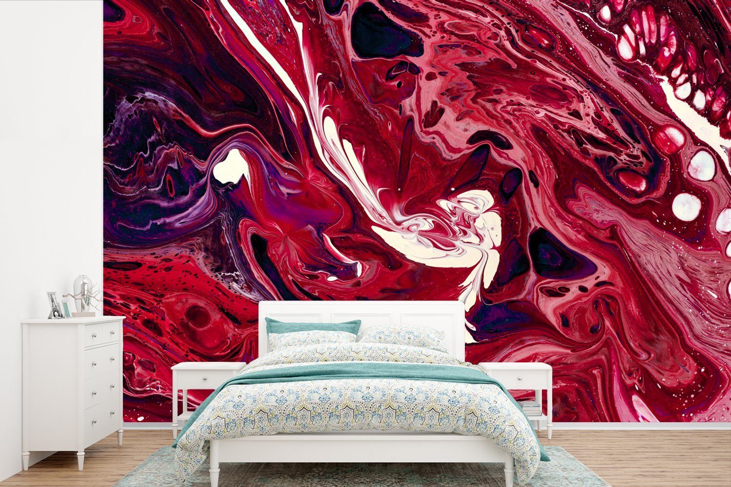 MuchoWow Fototapete Aquarell - Farbe - Rosa - Magenta, Matt, bedruckt, (6 St), Wallpaper für Wohnzimmer, Schlafzimmer, Kinderzimmer, Vinyl Tapete