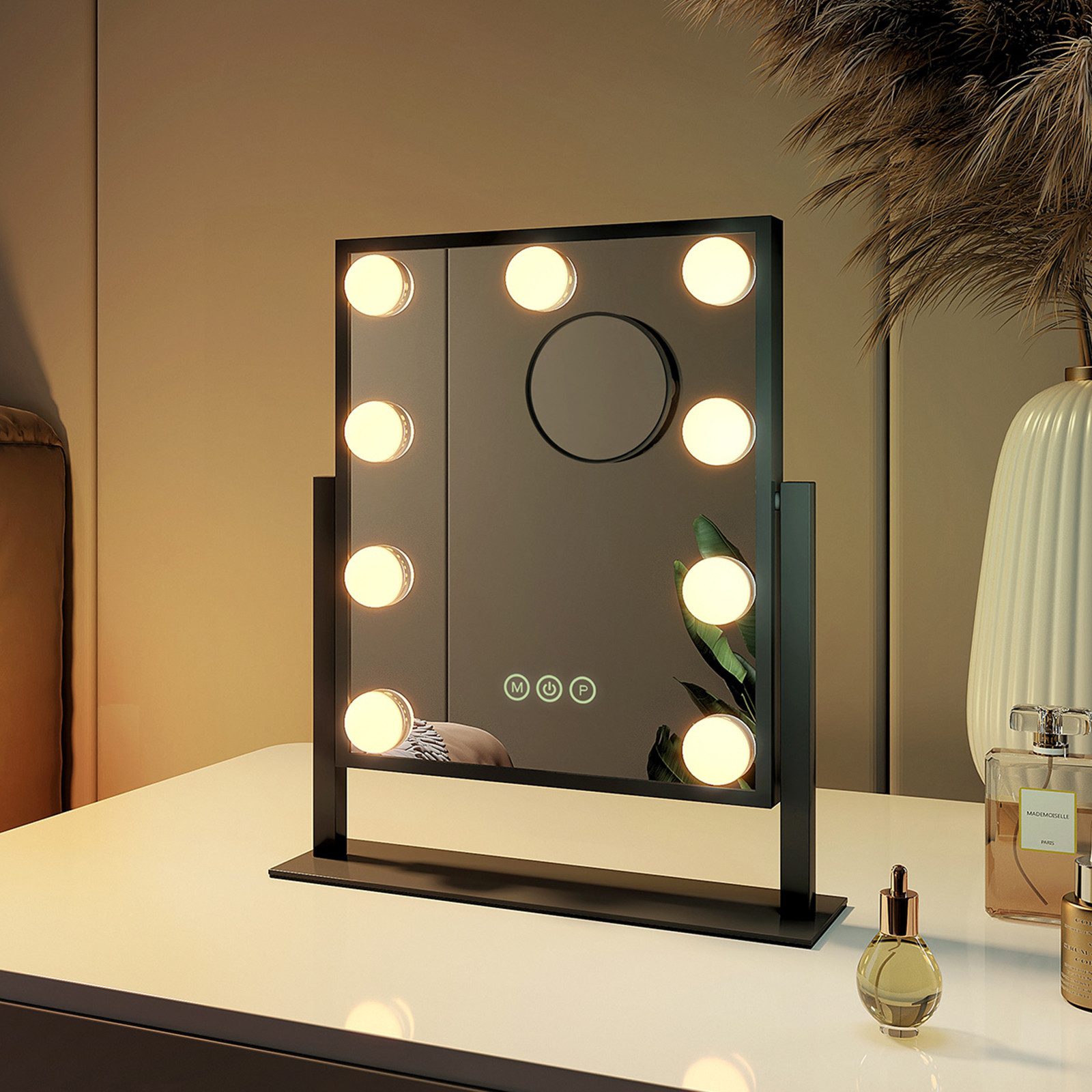 EMKE Kosmetikspiegel 1 PLUS 1 Hollywood Spiegel 360° Drehbar mit 7x Vergrößerung Spiegel (Sternenlicht), mit LED Glühbirne 3 Lichtfarben Dimmbar 7x Vergrößerung