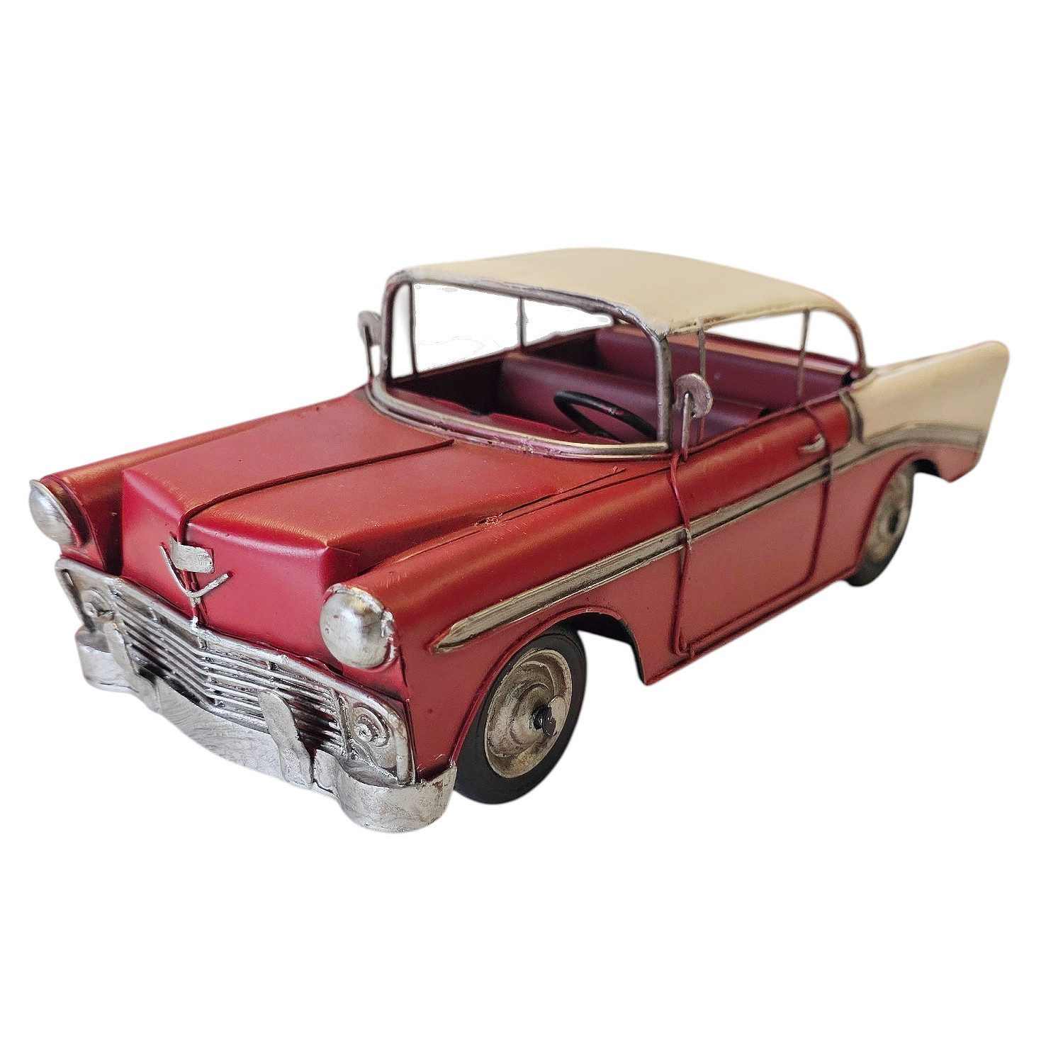 meberg Dekofigur Dekoauto US Car Rot Creme Metall 29 cm (1 St., Dekofahrzeug für Regal, Büro, Bar & Garage – Kein Spielzeug), Amerikanischer Retro Straßenkreuzer 50er Jahre Look